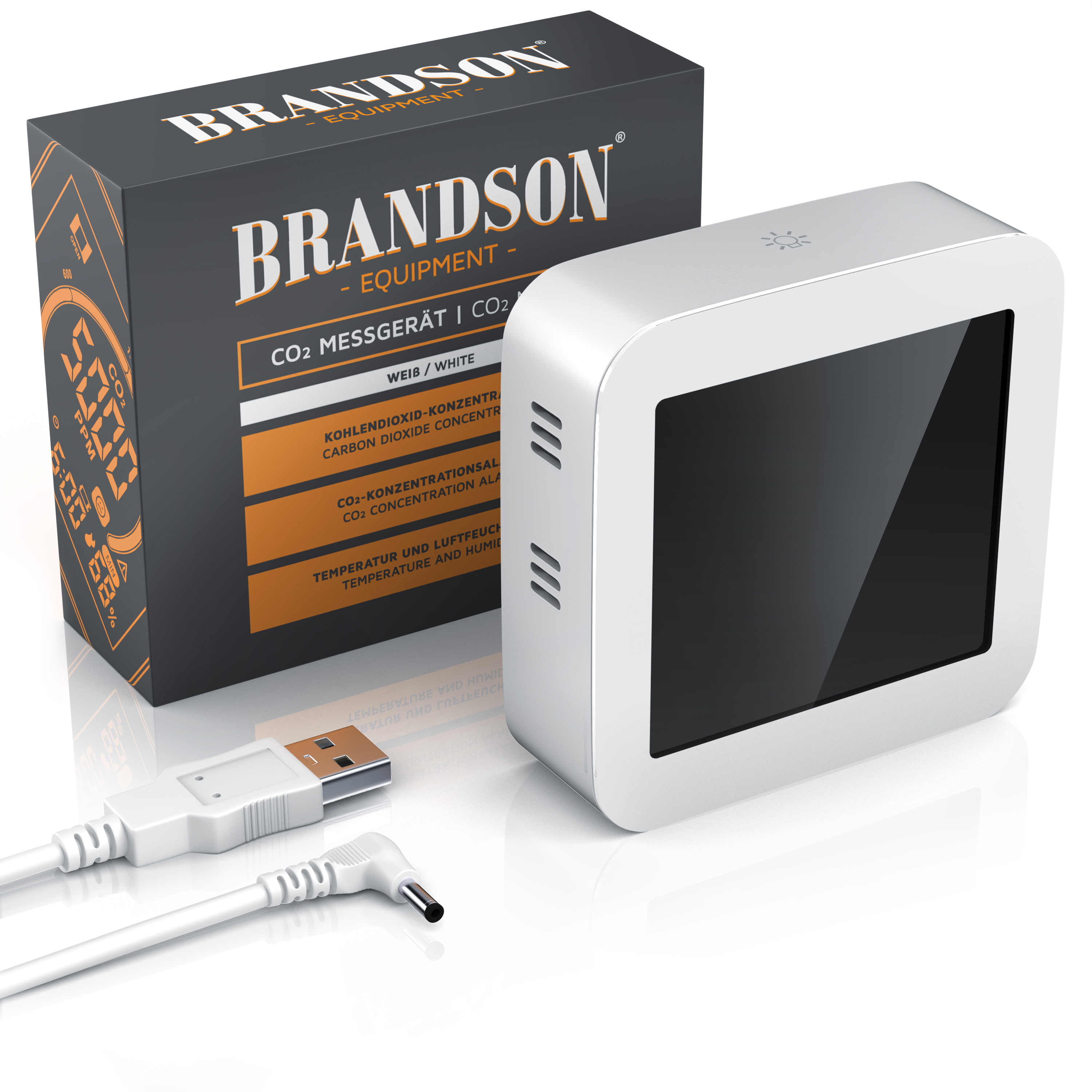 Brandson CO2 Messgerät in Weiß mit digitalem Display, USB-Anschluss und Zubehör, verpackt in einer farbigen Box.