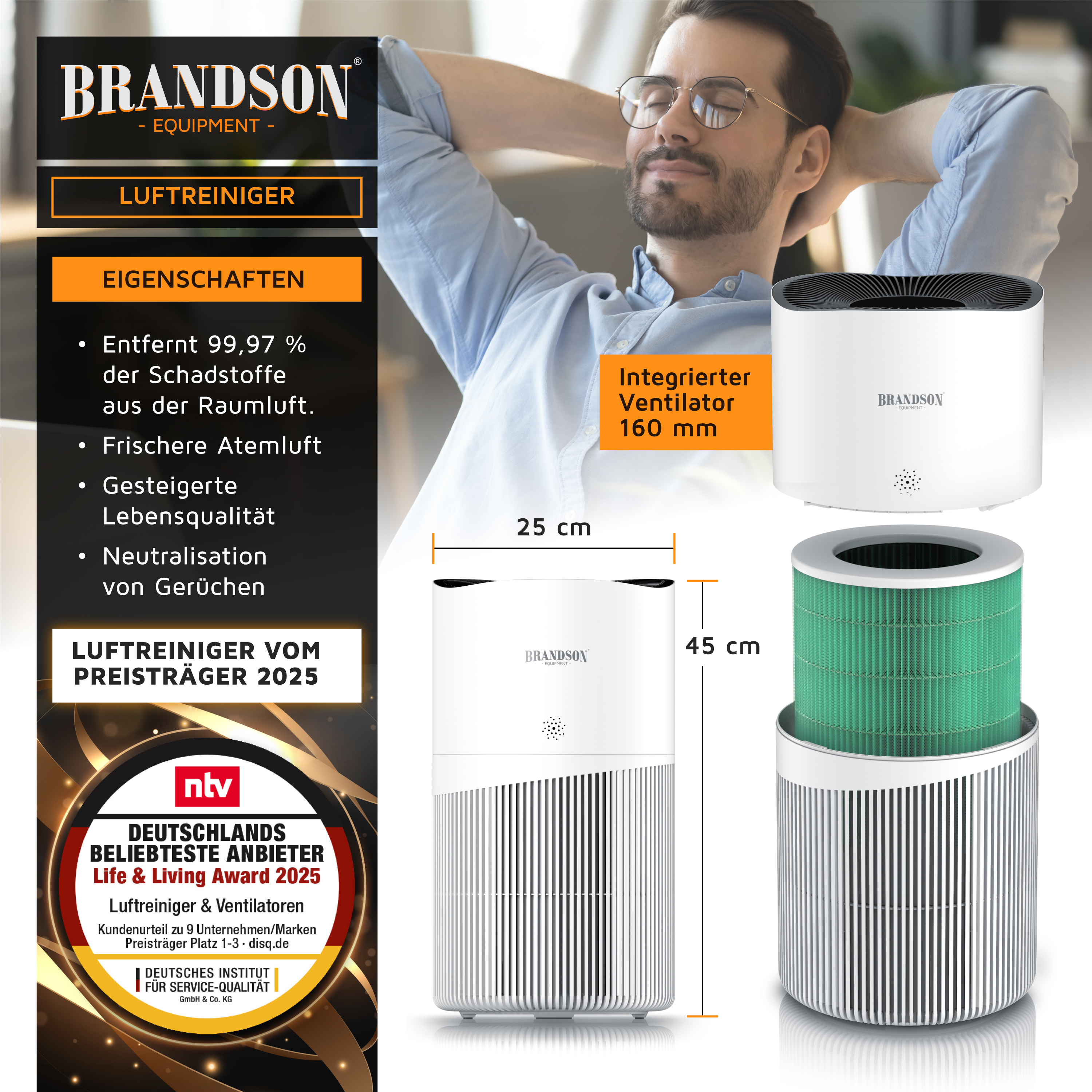 Brandson-Luftreiniger mit elegantem weißem Design, integriertem Ventilator und sichtbarem grünem Filter, geeignet zur Verbesserung der Raumluftqualität.