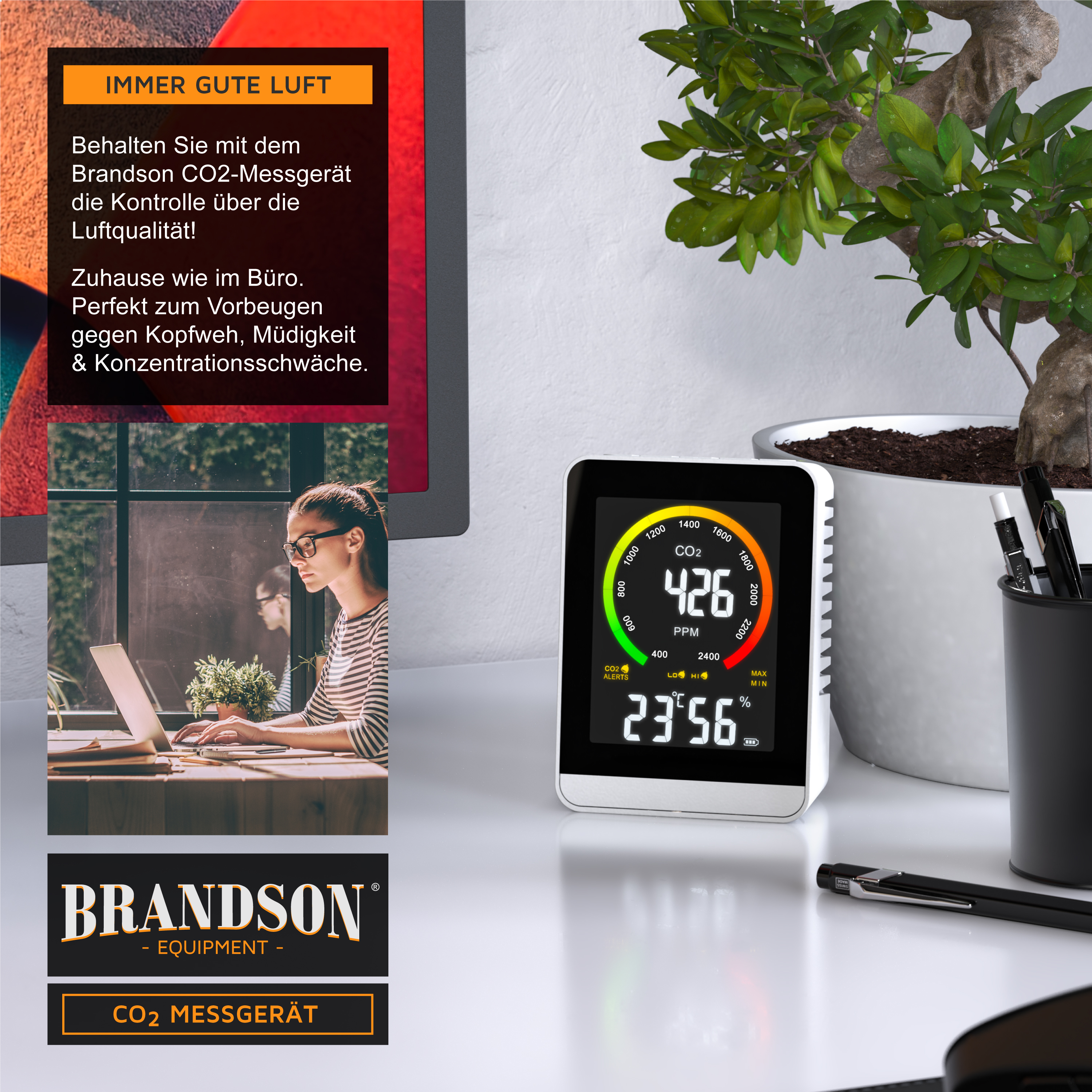 Brandson CO2-Messgerät mit digitalem Display zur Luftqualitätskontrolle, kompakte Bauform in Schwarz und Silber, ideal für Büro und Zuhause.