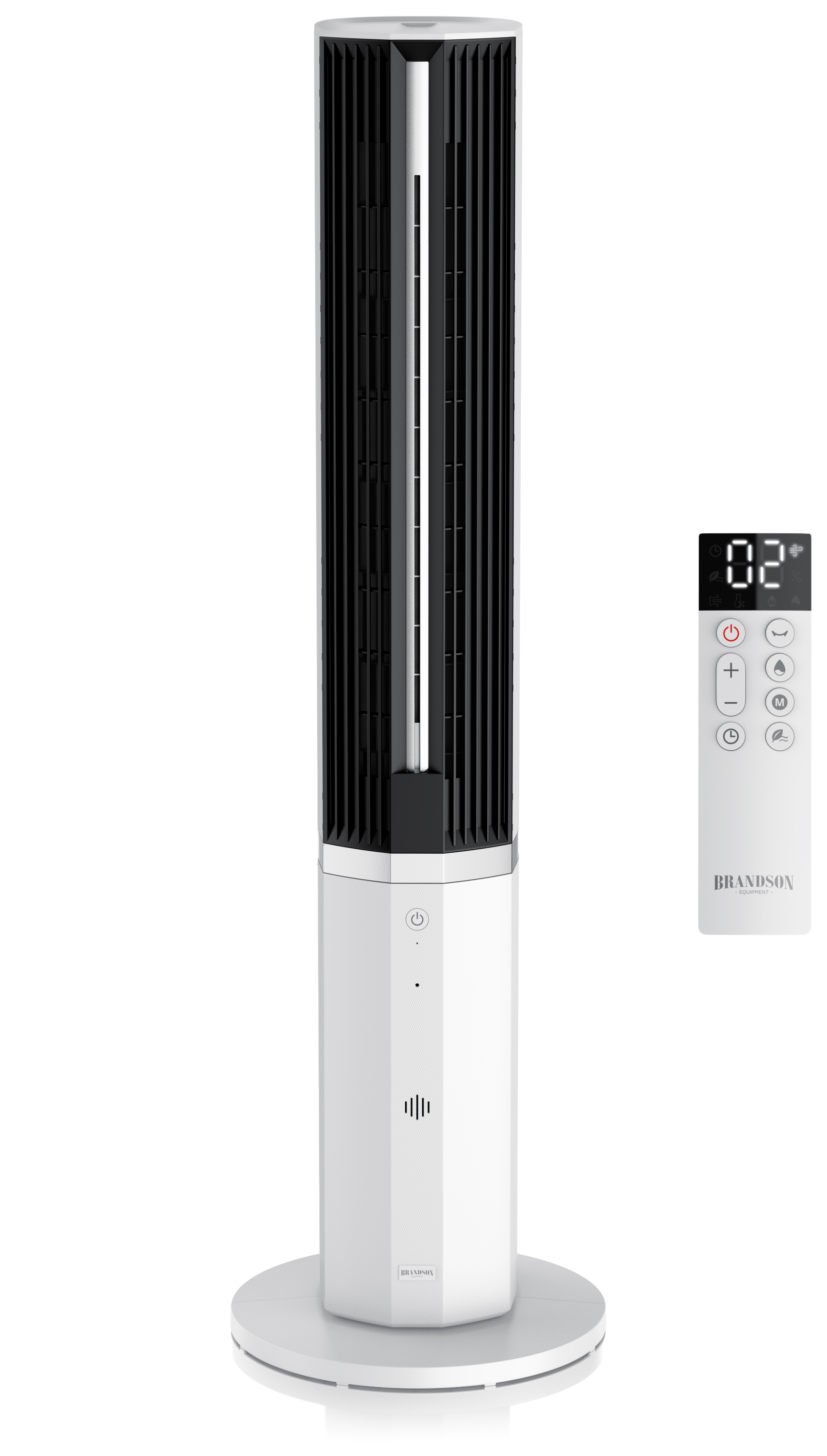 Brandson Turmventilator in schlanker Bauform mit schwarzem und weißem Gehäuse, LED-Display und Fernbedienung.