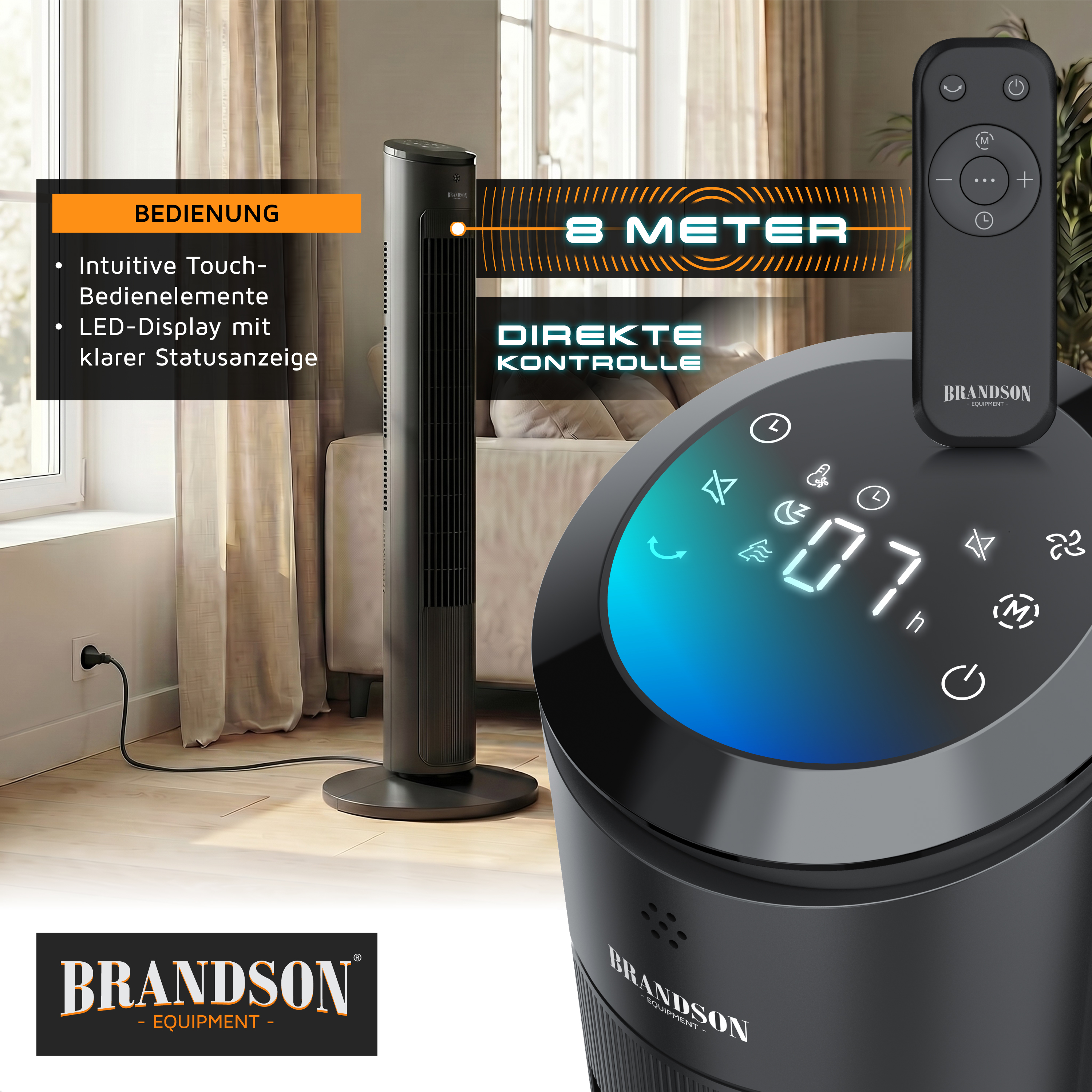 Turmventilator von Brandson mit intuitiver Touch-Steuerung, LED-Anzeige und Fernbedienung in einem modernen Wohnzimmer.