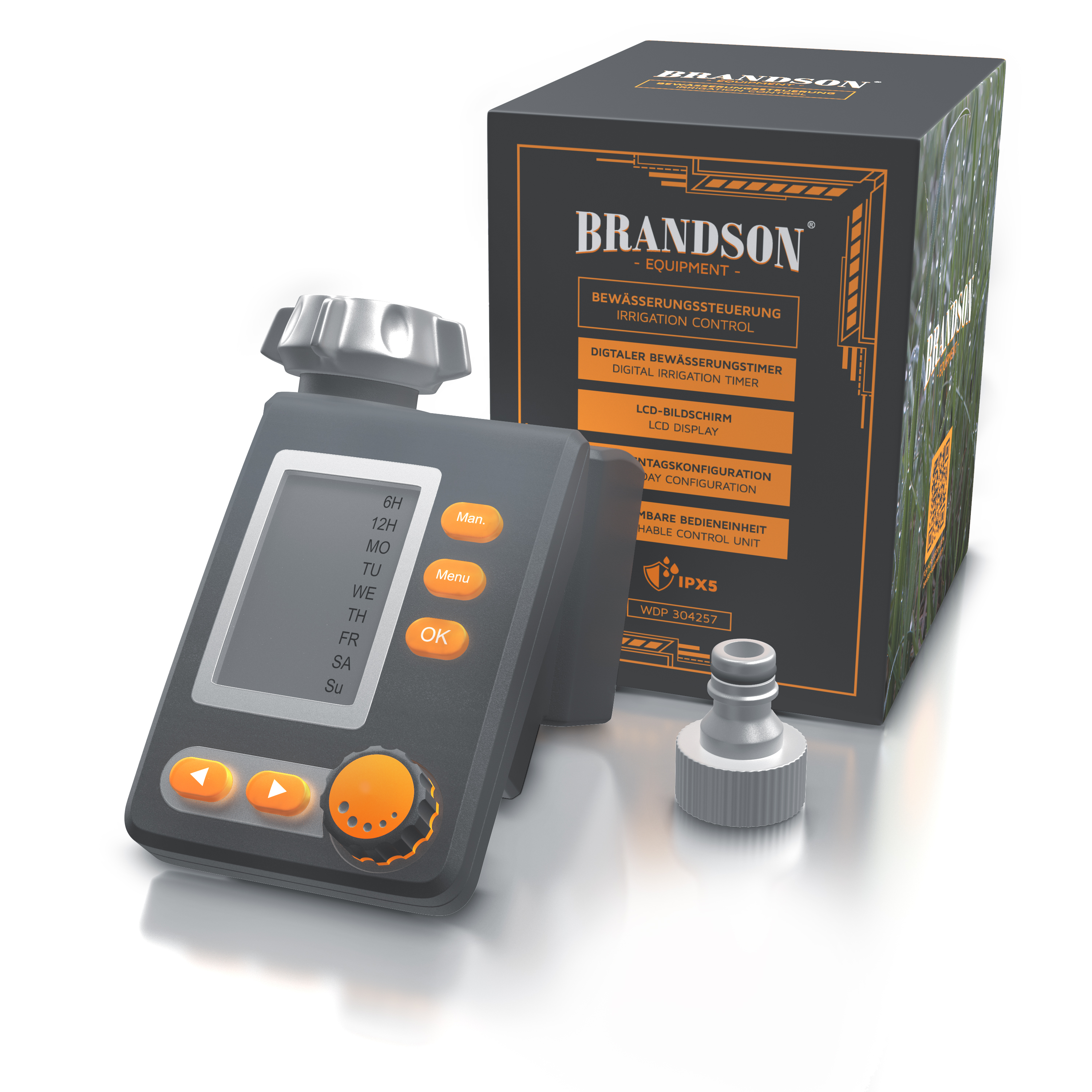 Digitaler Bewässerungstimer von Brandson mit LCD-Display, Bedientasten und mitgeliefertem Anschluss, verpackt in einer Markenbox.