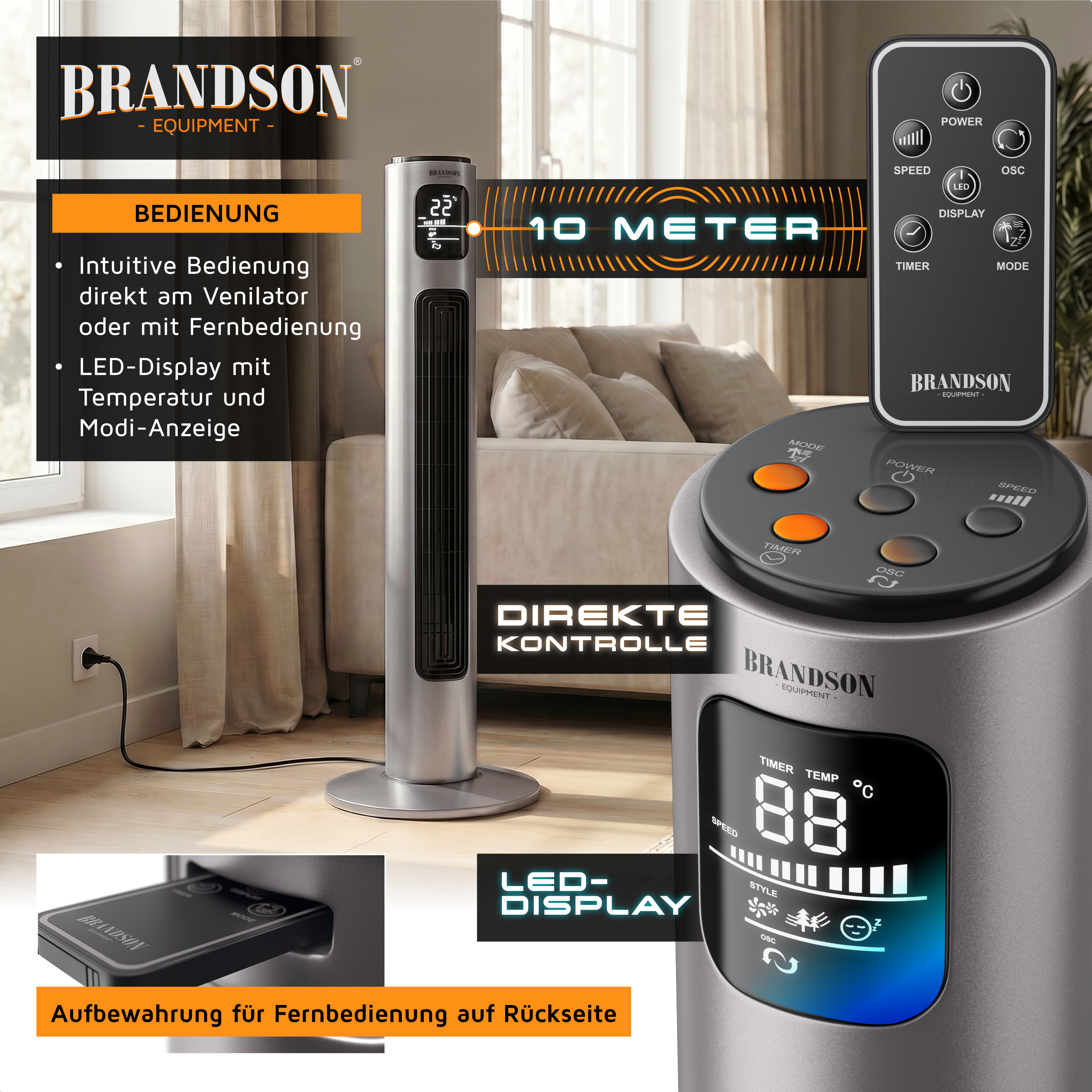 Turmventilator von Brandson mit LED-Anzeige für Temperatur und Modi, elegantem silbernem Design, Fernbedienung und intuitivem Bedienfeld.