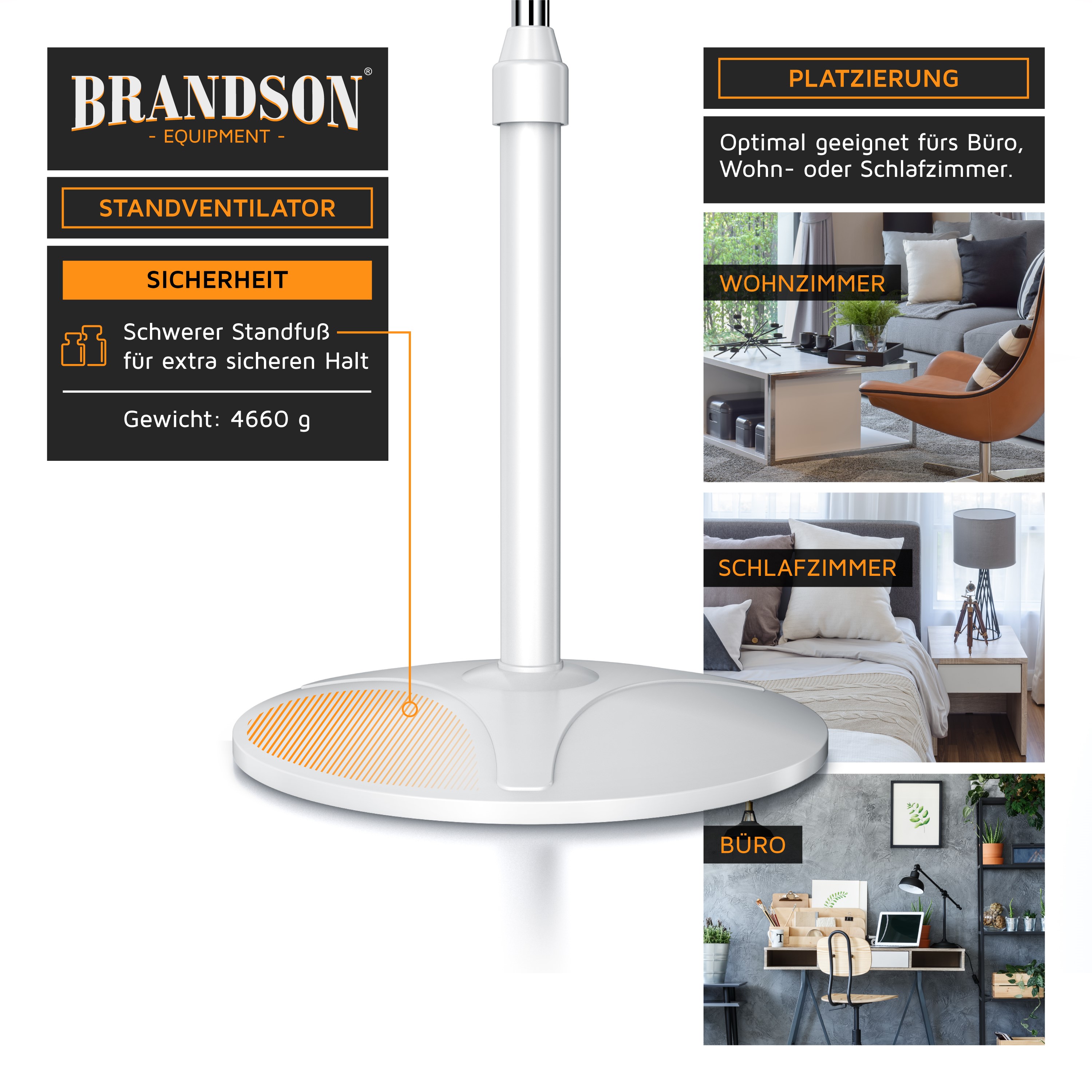 Standventilator von Brandson mit stabiler weißer Basis, einstellbarer Höhe und elegantem Design, geeignet für Wohnzimmer, Schlafzimmer und Büros.
