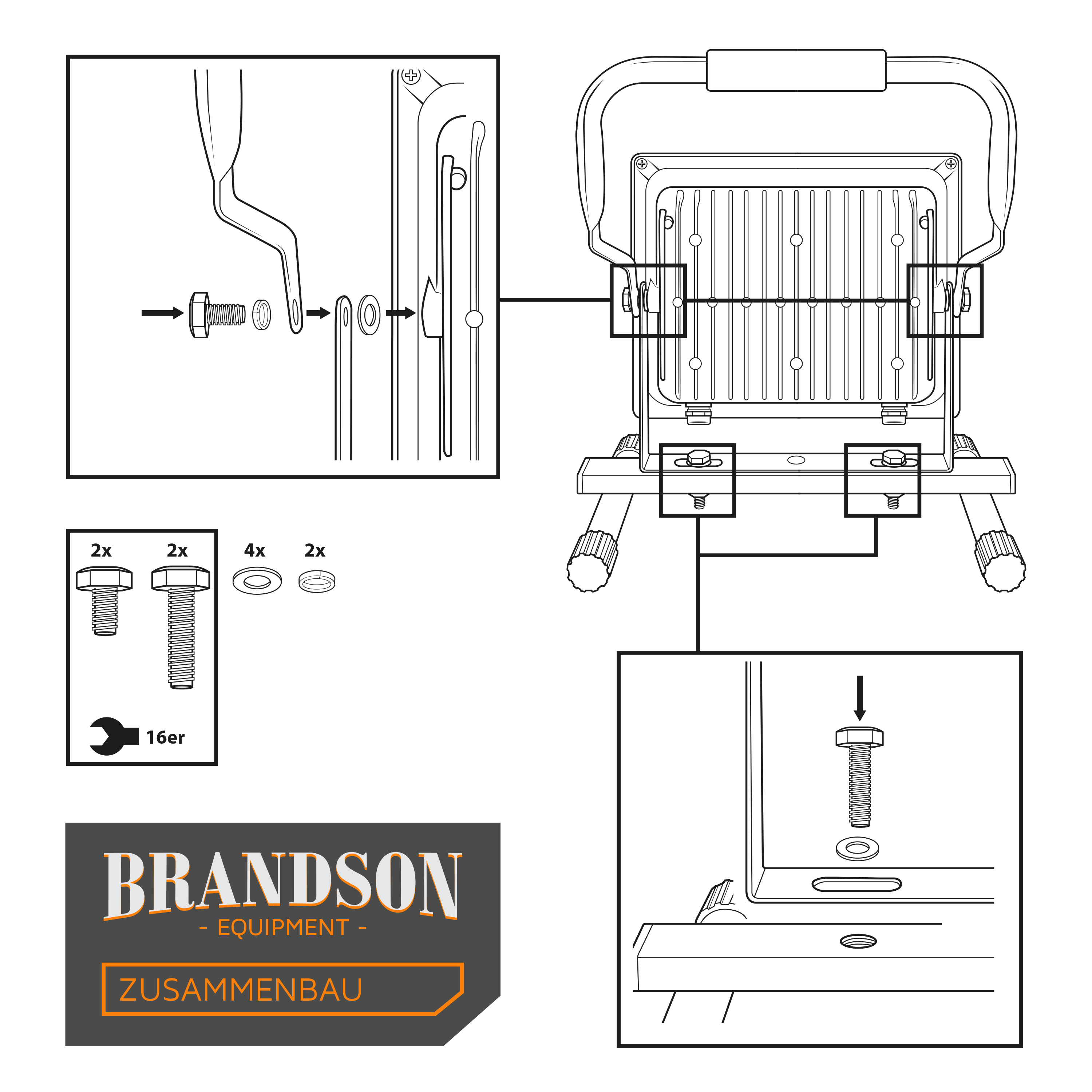 Brandson-Montageanleitung mit detaillierten Diagrammen, die Schrauben, Unterlegscheiben und Komponenten für den ordnungsgemäßen Aufbau zeigen.