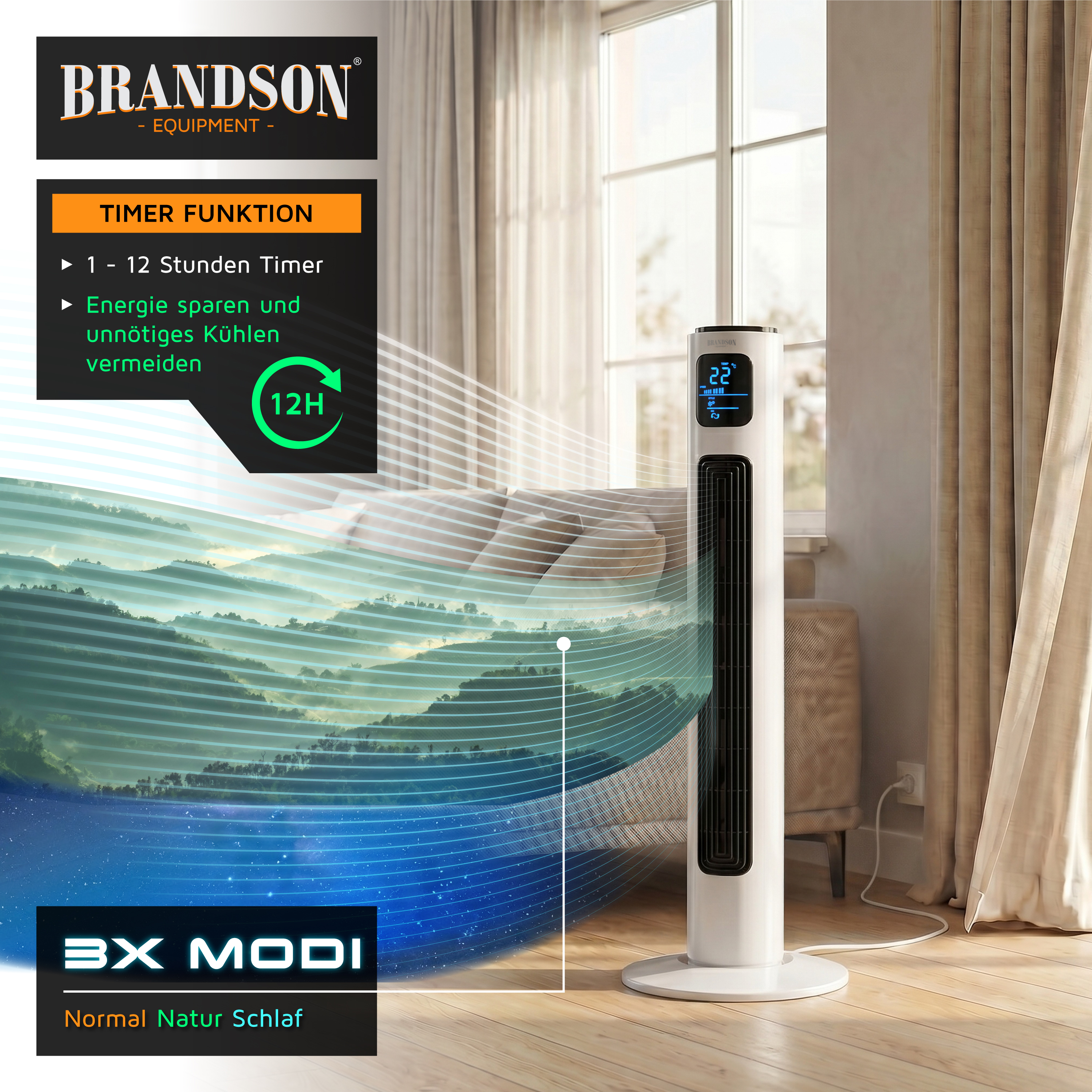 Brandson Turmventilator in Weiß mit Digitalanzeige, Timerfunktion und elegantem Design, platziert in einem hellen Wohnzimmer.