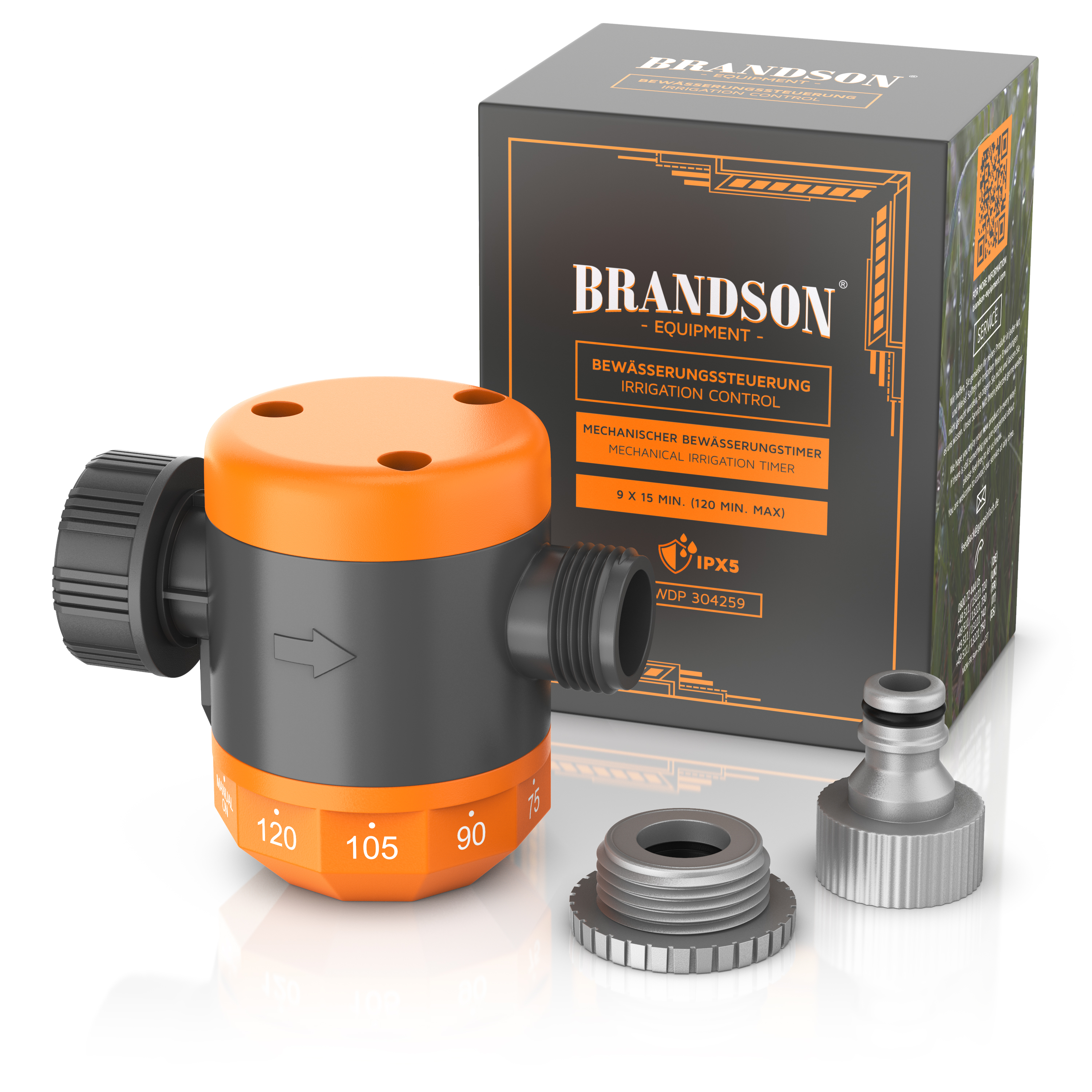 Brandson Bewässerungssteuerung in orange-schwarzer Bauform mit drehbarem Bedienknopf und Zubehörteilen, verpackt in einer stabilen Box.