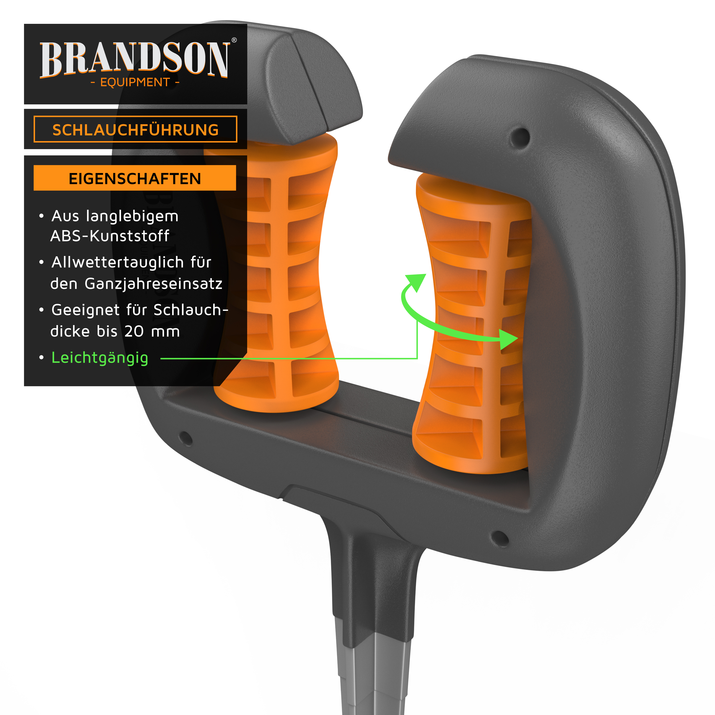 Brandson Schlauchführung aus robustem ABS-Kunststoff mit orangefarbenen Griffen, geeignet für Schläuche bis 20 mm Durchmesser.