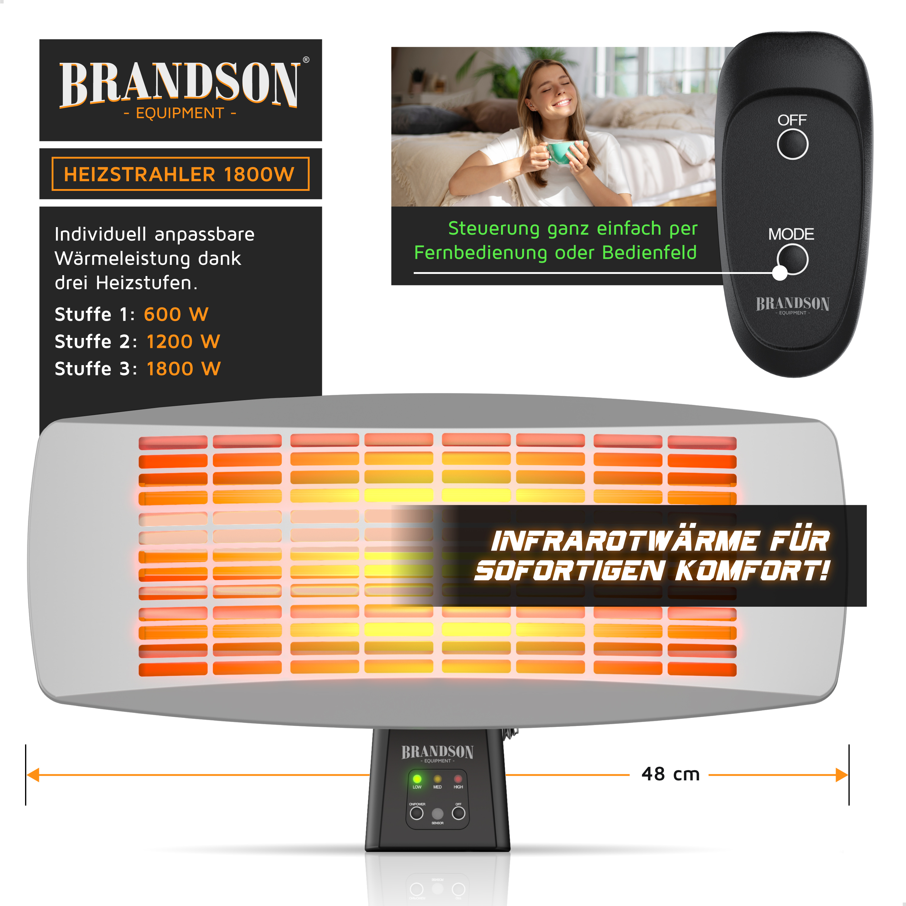 Brandson Heizstrahler mit drei Heizstufen, moderner Bauform, Fernbedienung und Bedienfeld für individuelle Wärmeleistung.