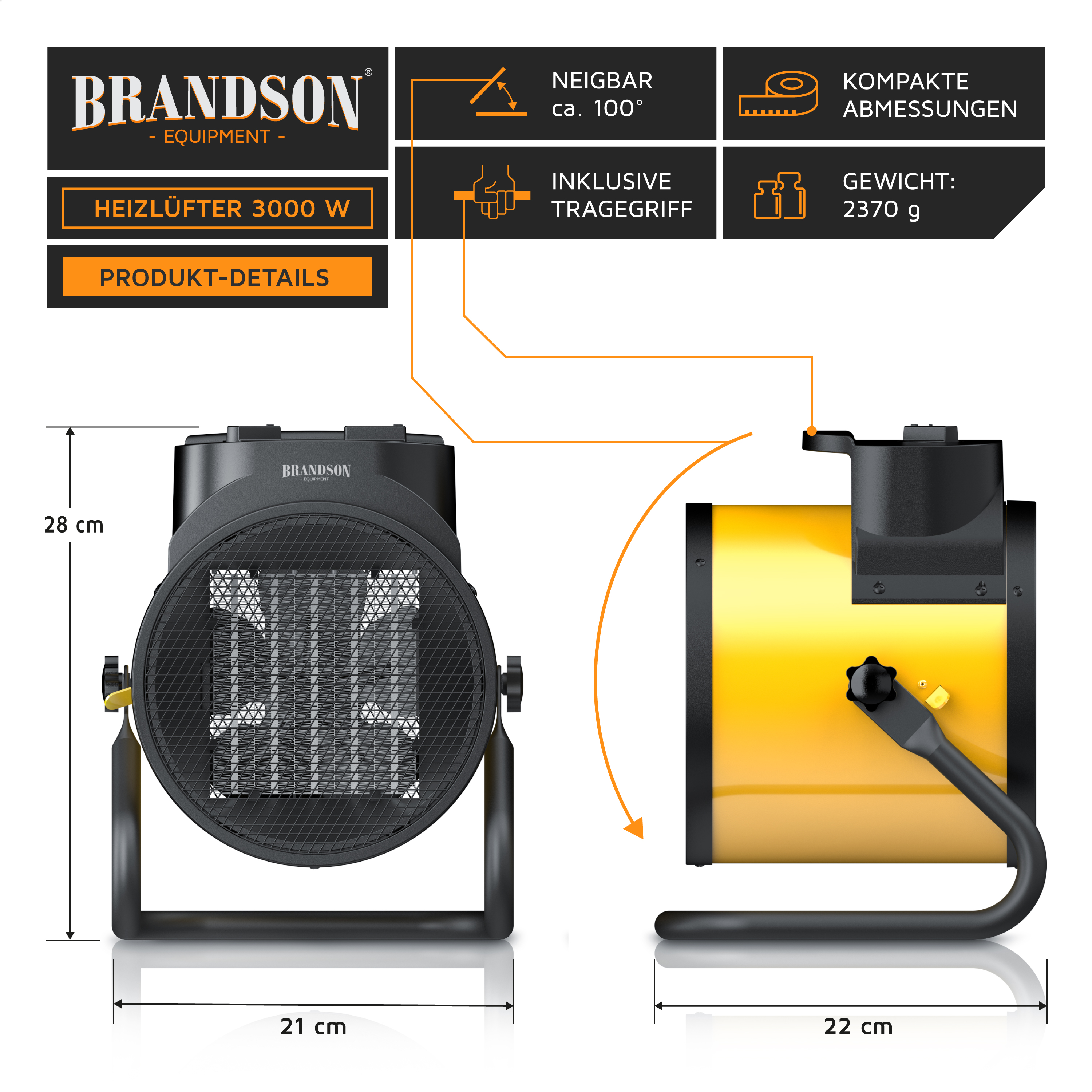 Brandson Heizlüfter mit tragbarem Design, schwarzem Gehäuse und gelber Rückseite, neigbar und mit Tragegriff für einfache Handhabung.