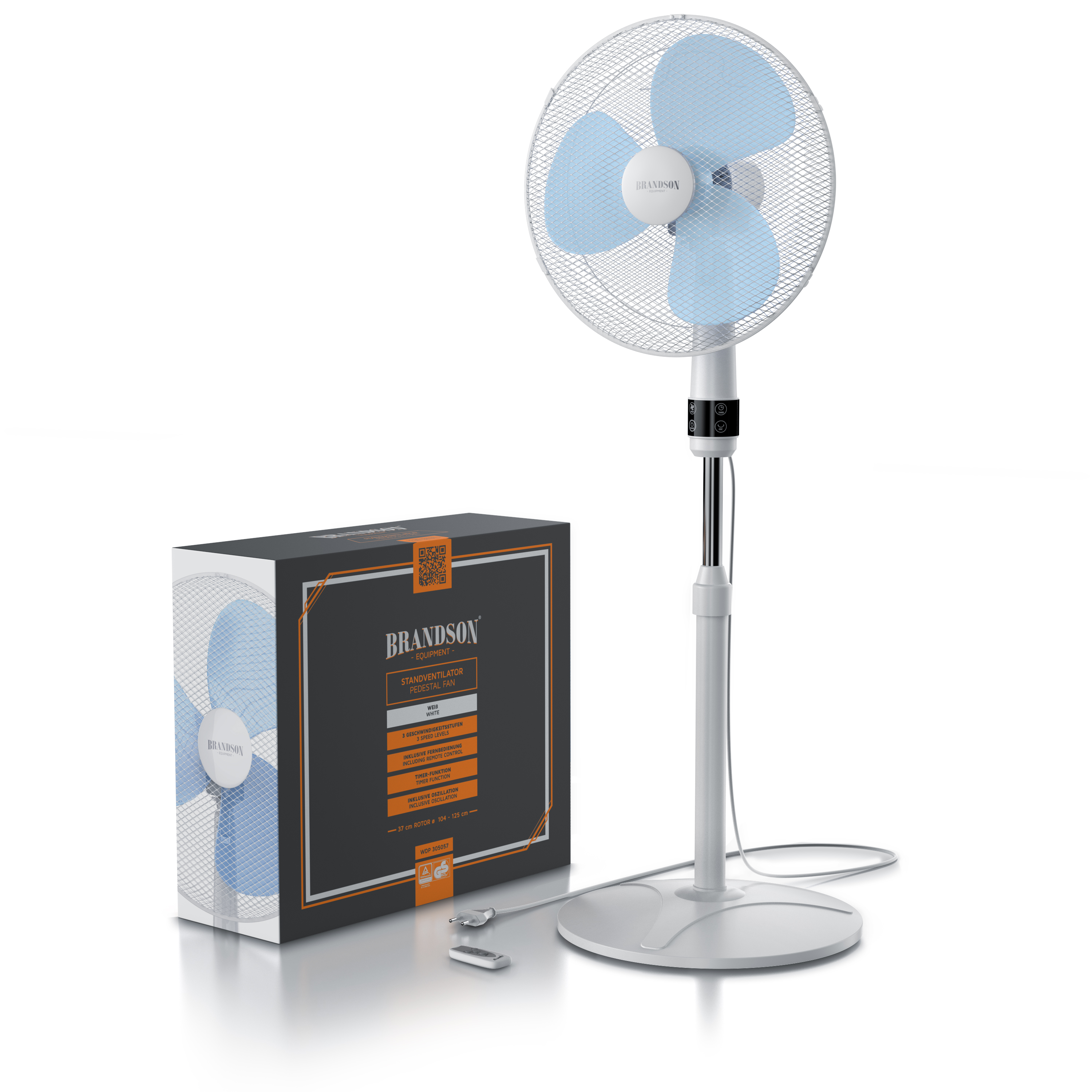 Brandson Standventilator mit drei blauen Kunststoffflügeln, verstellbarem Standfuß und Bedienfeld, inklusive Verpackung.