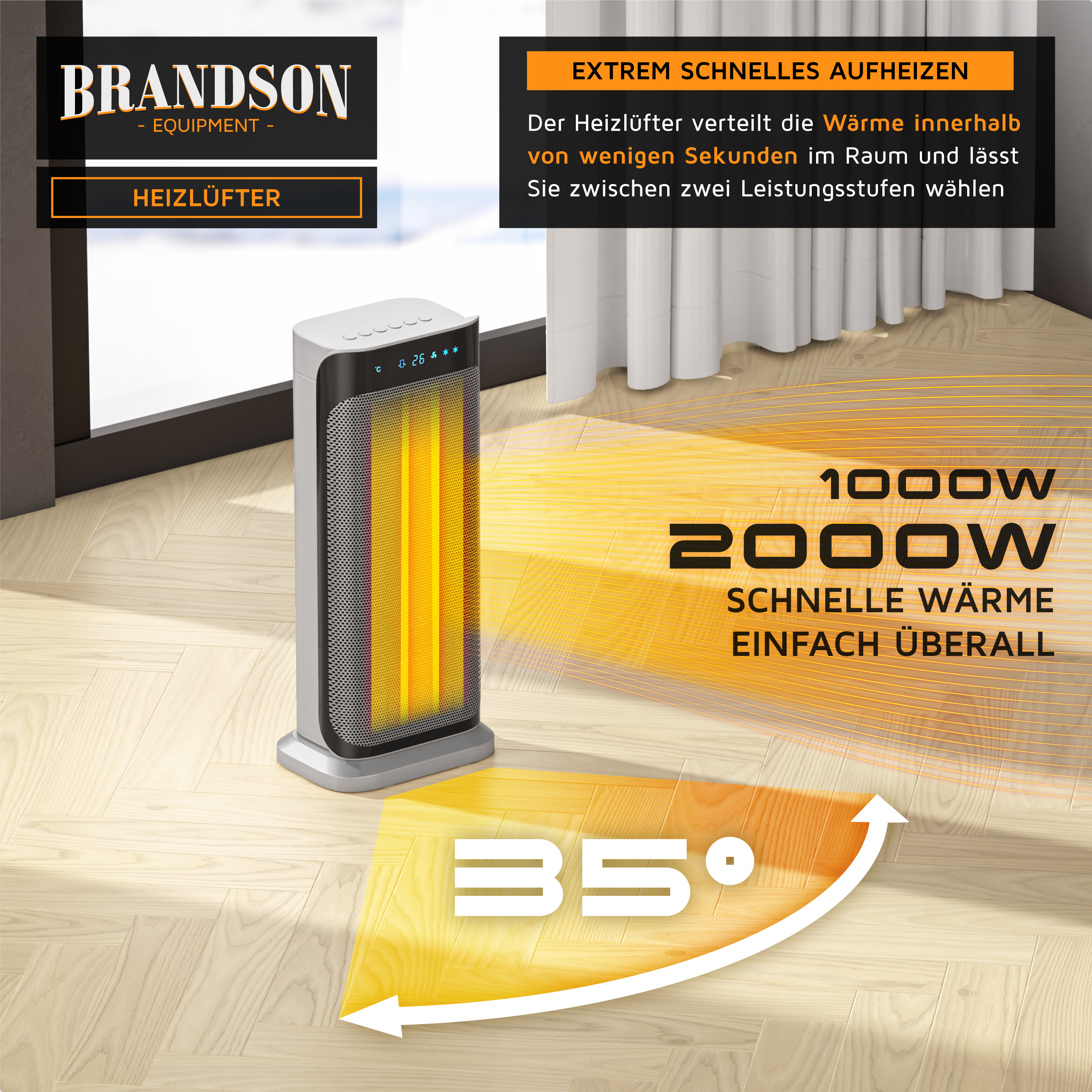 Brandson Heizlüfter in schlanker Bauform mit grauem Gehäuse, LED-Display und zwei Leistungsstufen für schnelle Wärmeverteilung.