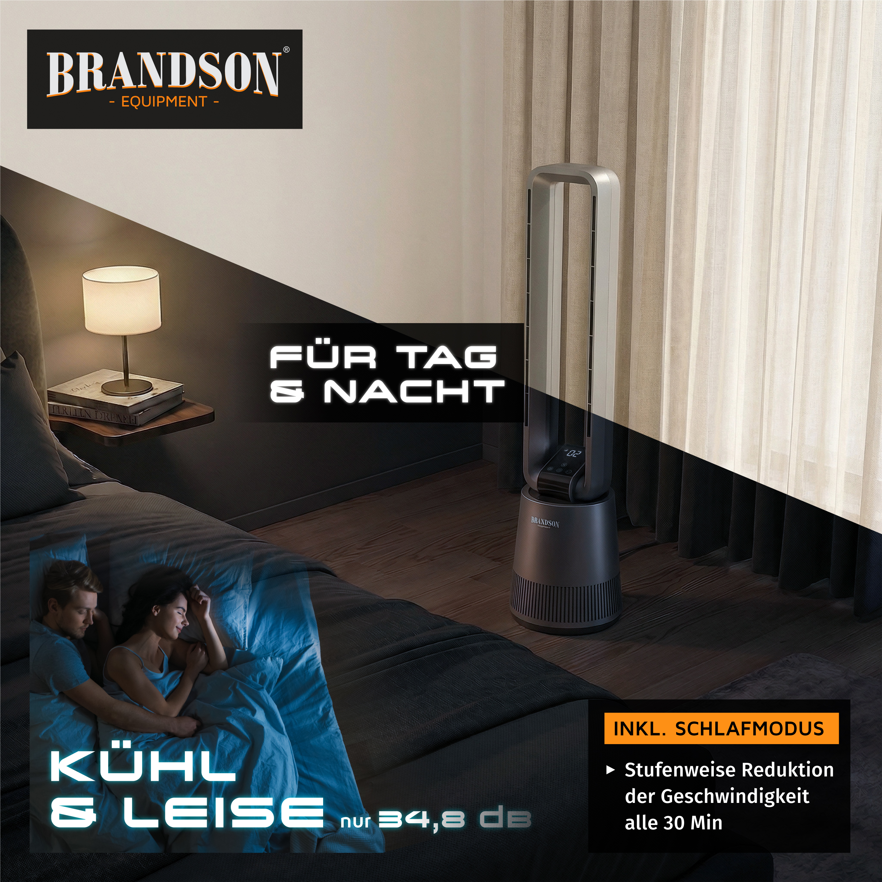 Brandson-Turmventilator mit elegantem Design in den Farben Schwarz und Silber, mit Digitalanzeige und Fernbedienung, platziert in einem gemütlichen Schlafzimmerambiente.