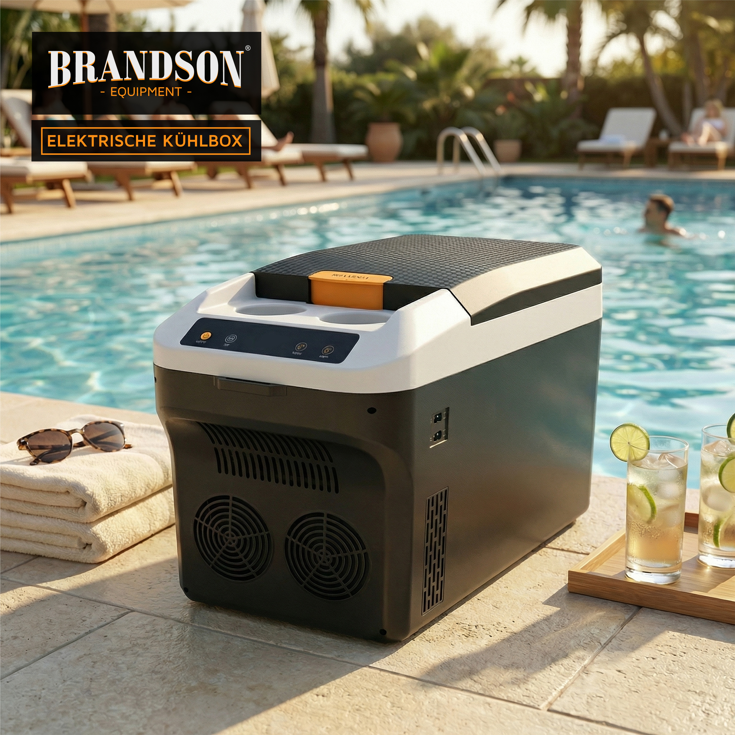 Brandson elektrische Kühlbox in Schwarz und Weiß mit Bedienfeld und Griff, platziert am Pool neben Handtüchern und Getränken.