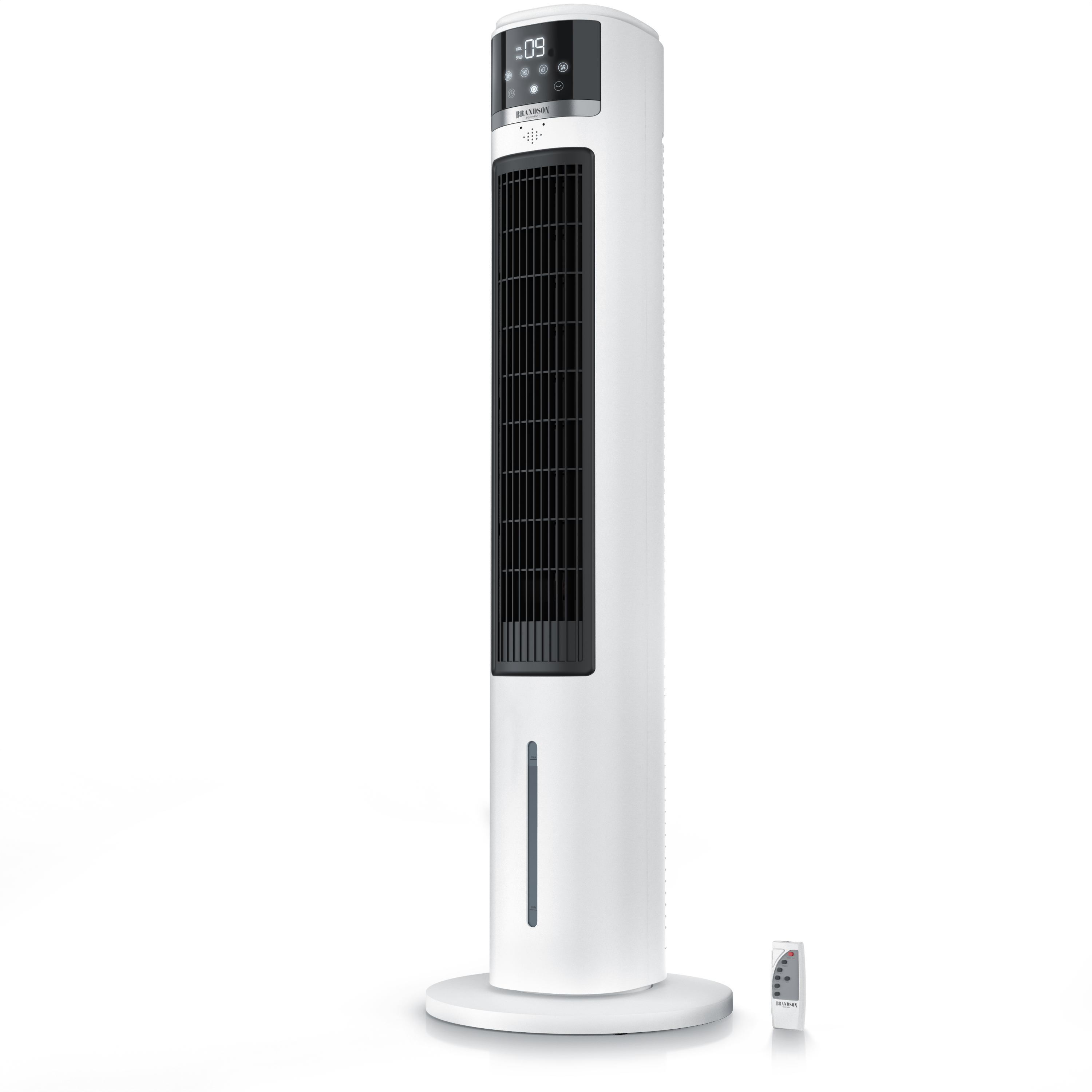 Brandson Turmventilator in Weiß mit digitalem Display, Bedienfeld und Fernbedienung, ideal für die Nutzung in Wohnräumen.