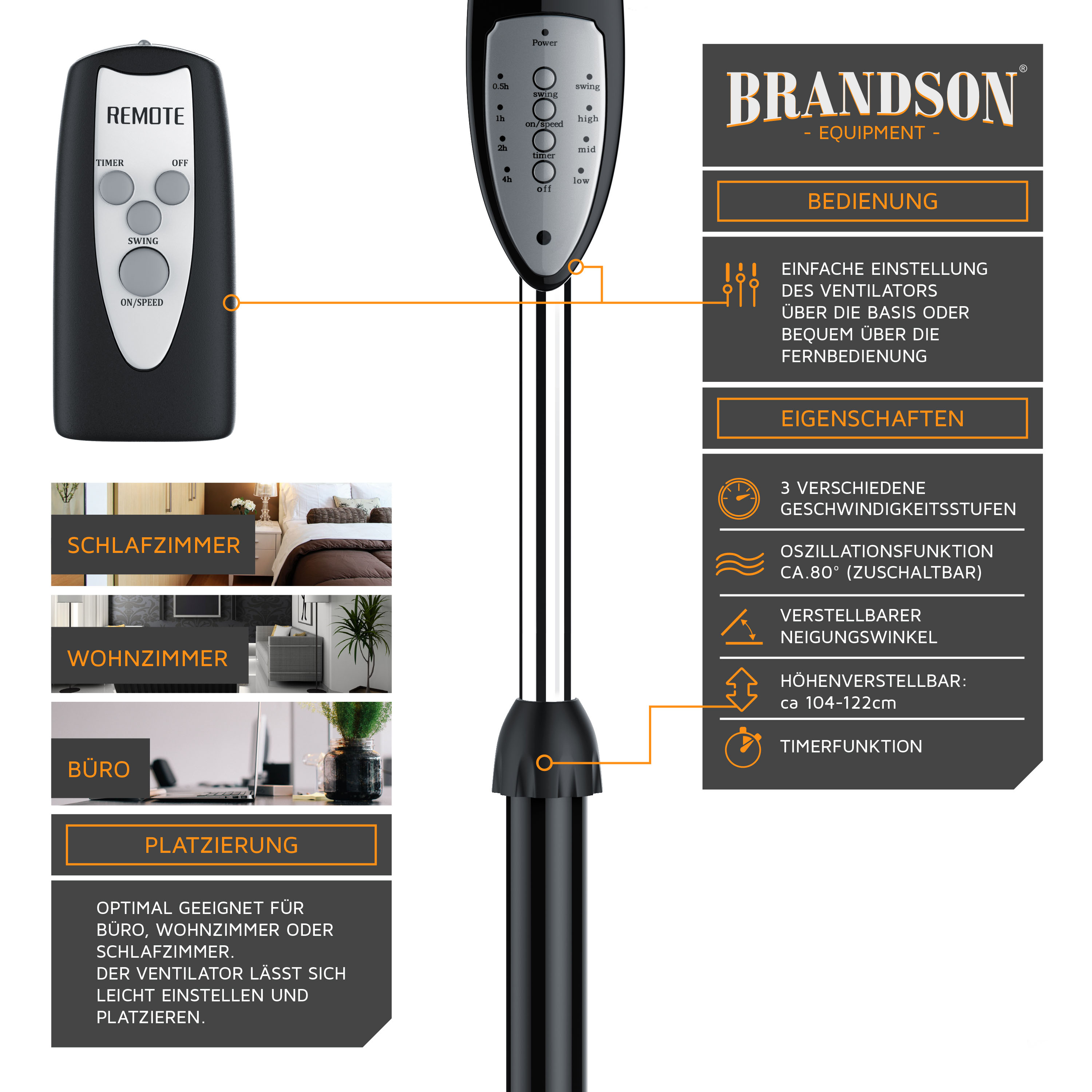 Turmventilator von Brandson mit Fernbedienung, elegantem schwarzem Design, einstellbarer Höhe und mehreren Geschwindigkeitseinstellungen für optimalen Luftstrom.