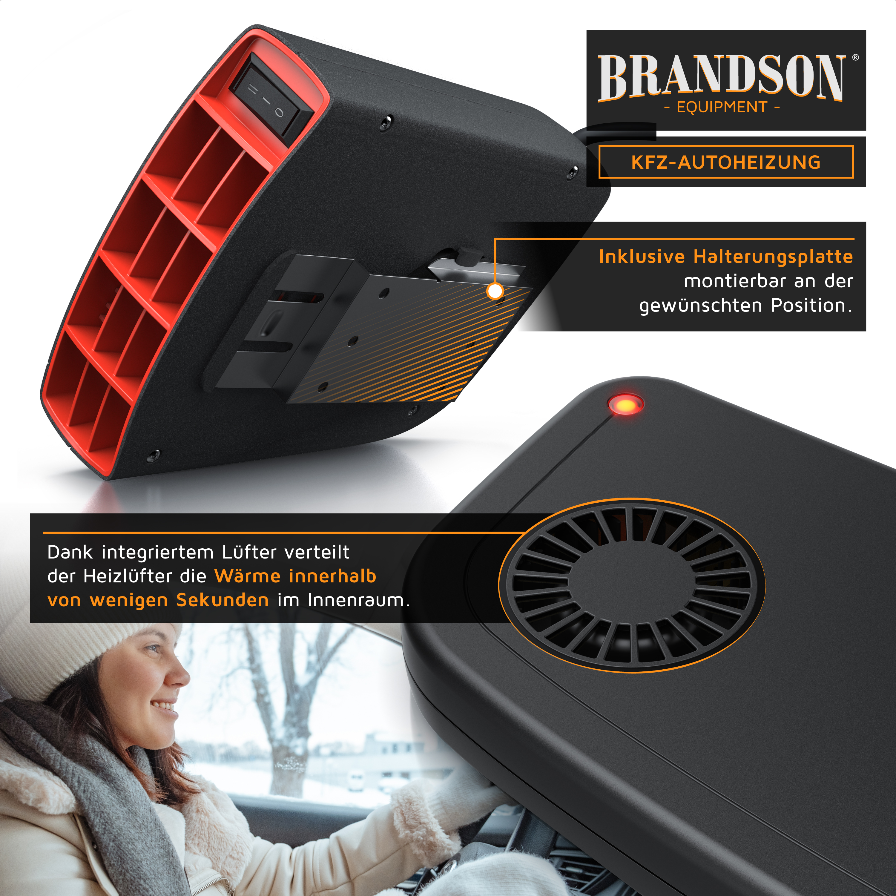 Brandson KFZ-Autoheizung mit integriertem Lüfter und Halterungsplatte, schwarz mit roten Akzenten, für schnelle Wärmeverteilung im Innenraum.