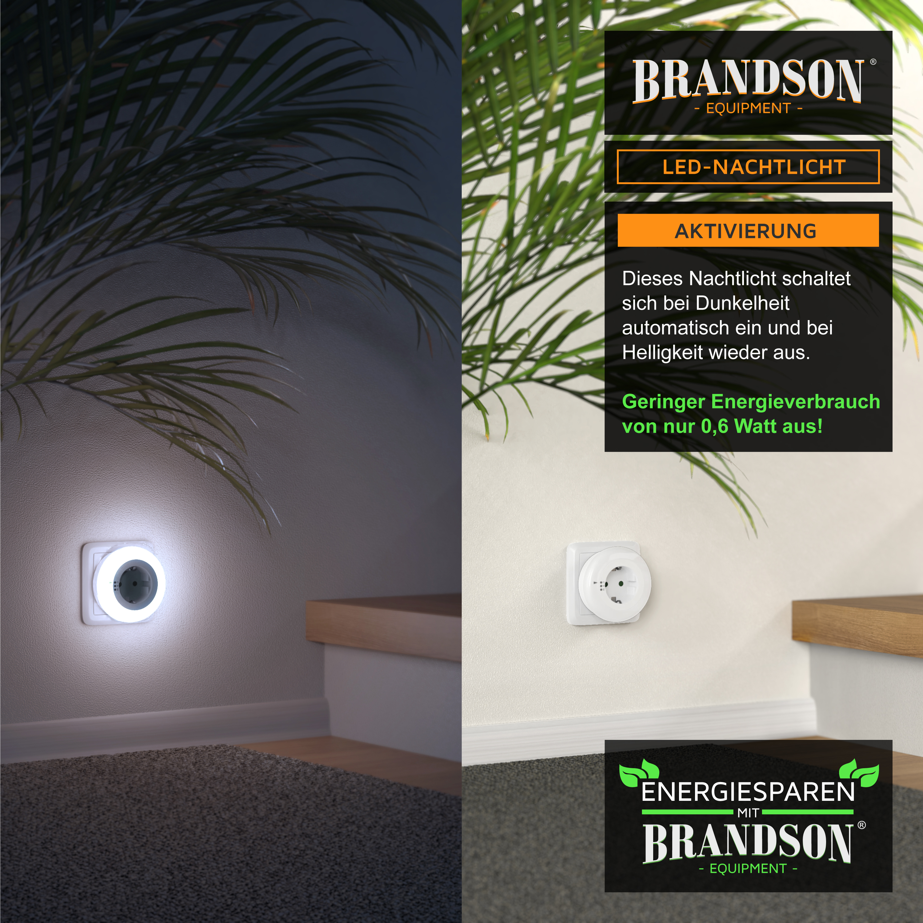 Brandson LED-Nachtlicht mit automatischer Aktivierung in einem kompakten weißen Design, angeschlossen an eine Steckdose in der Nähe von Treppen.
