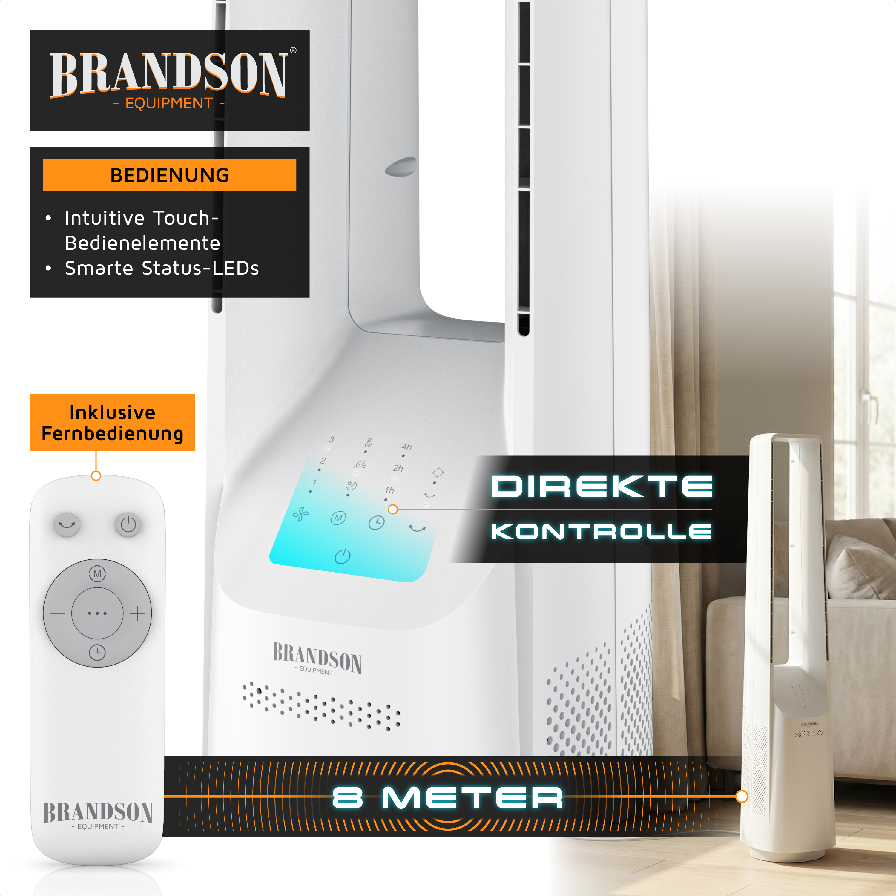 Turmventilator von Brandson mit intuitivem Touch-Bedienfeld, intelligenten Status-LEDs und mitgelieferter Fernbedienung für einfache Bedienung.