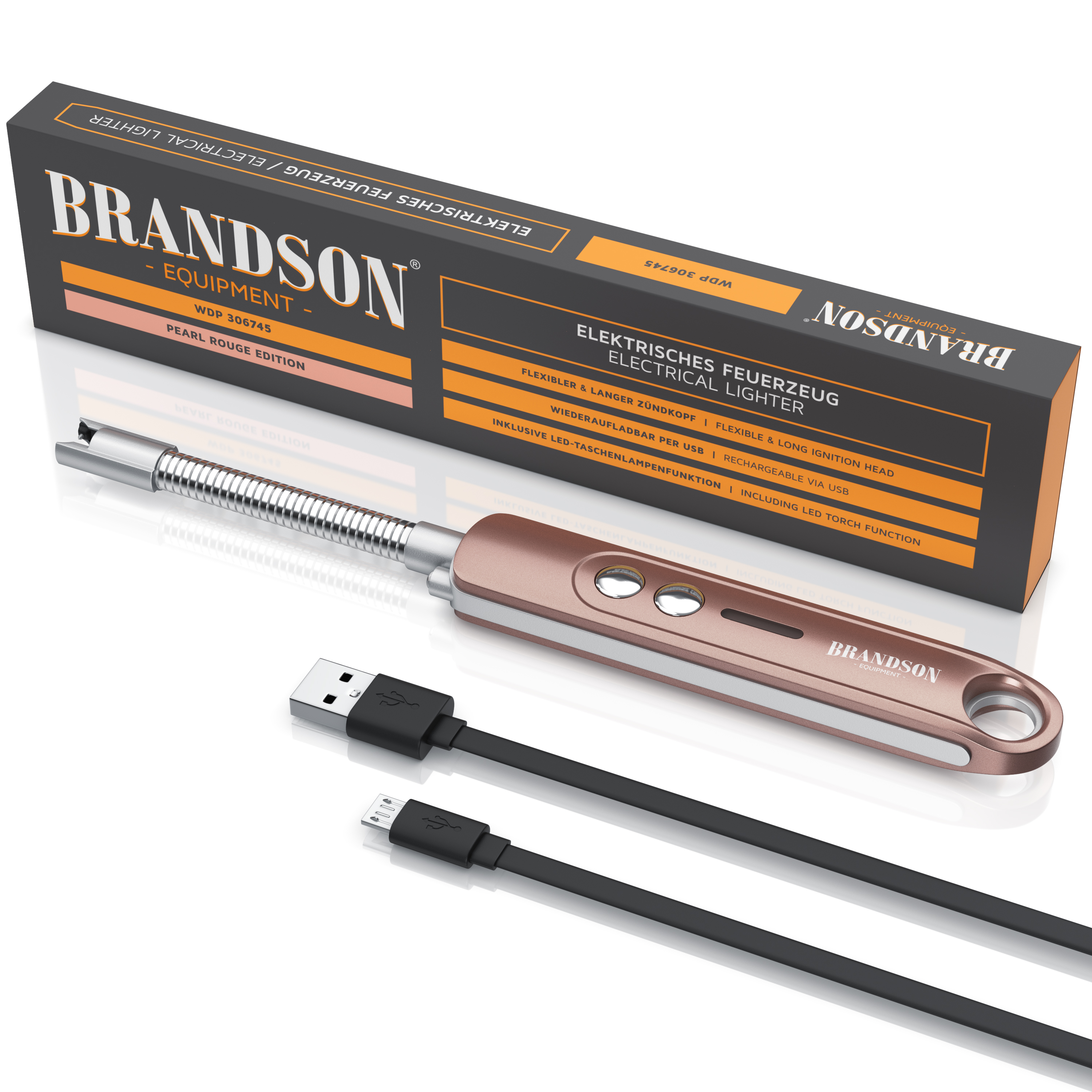 Elektrisches Feuerzeug von Brandson mit flexiblem, langem Zündkopf, Roségold-Finish, zwei Knöpfen und USB-Ladekabel.
