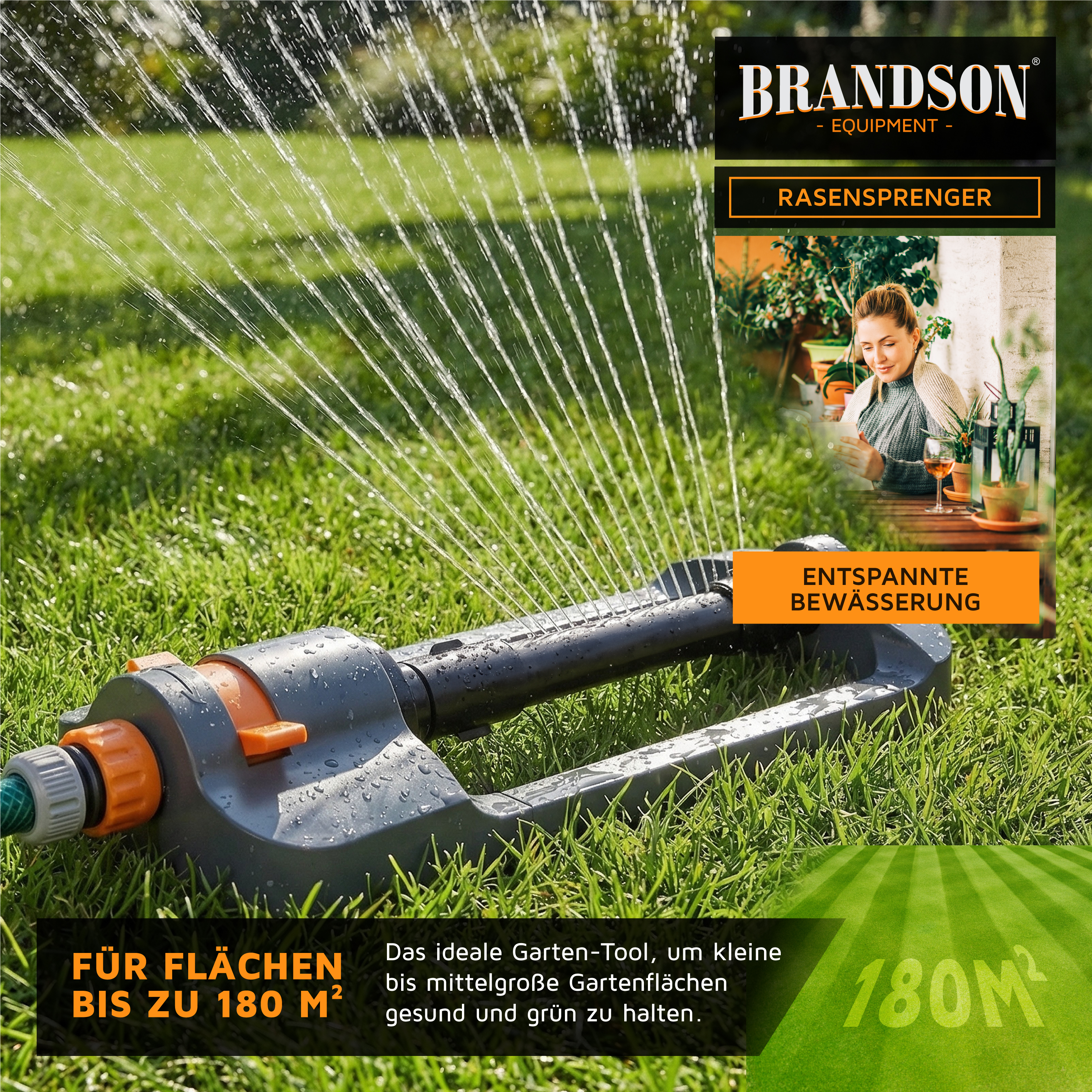 Brandson Rasensprenger mit grauem Gehäuse und orangefarbenem Bedienknopf, ideal für die Bewässerung von Rasenflächen bis zu 180 m².