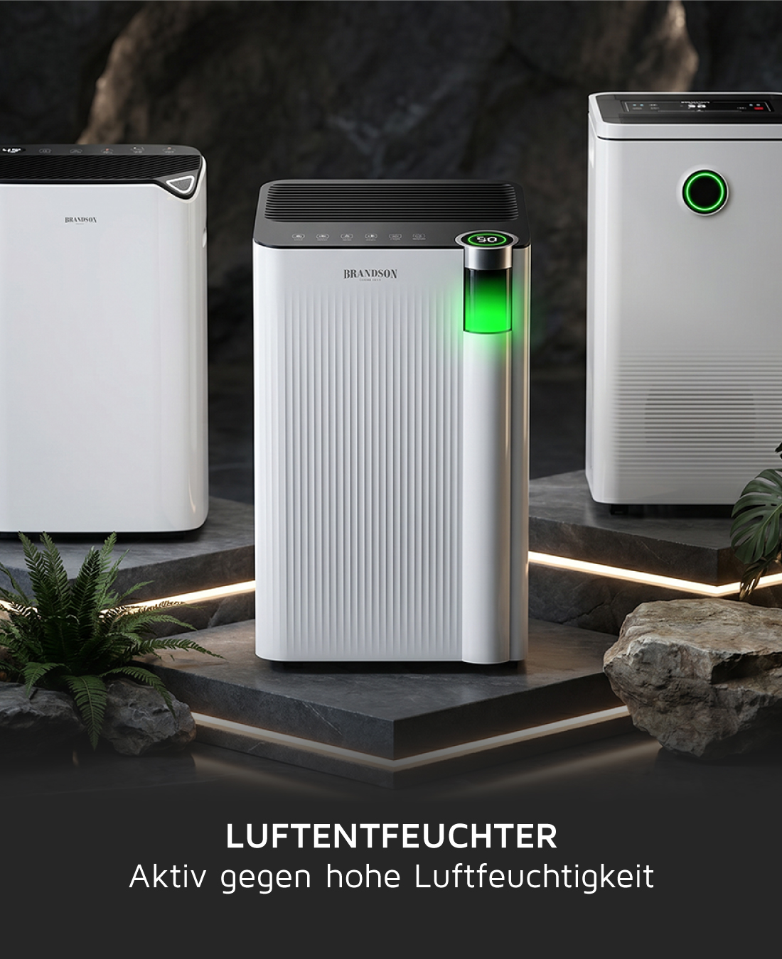 Brandson Luftentfeuchter in Weiß mit grünem Wasserstandsanzeiger und Bedienfeld, ideal zur Reduzierung hoher Luftfeuchtigkeit.