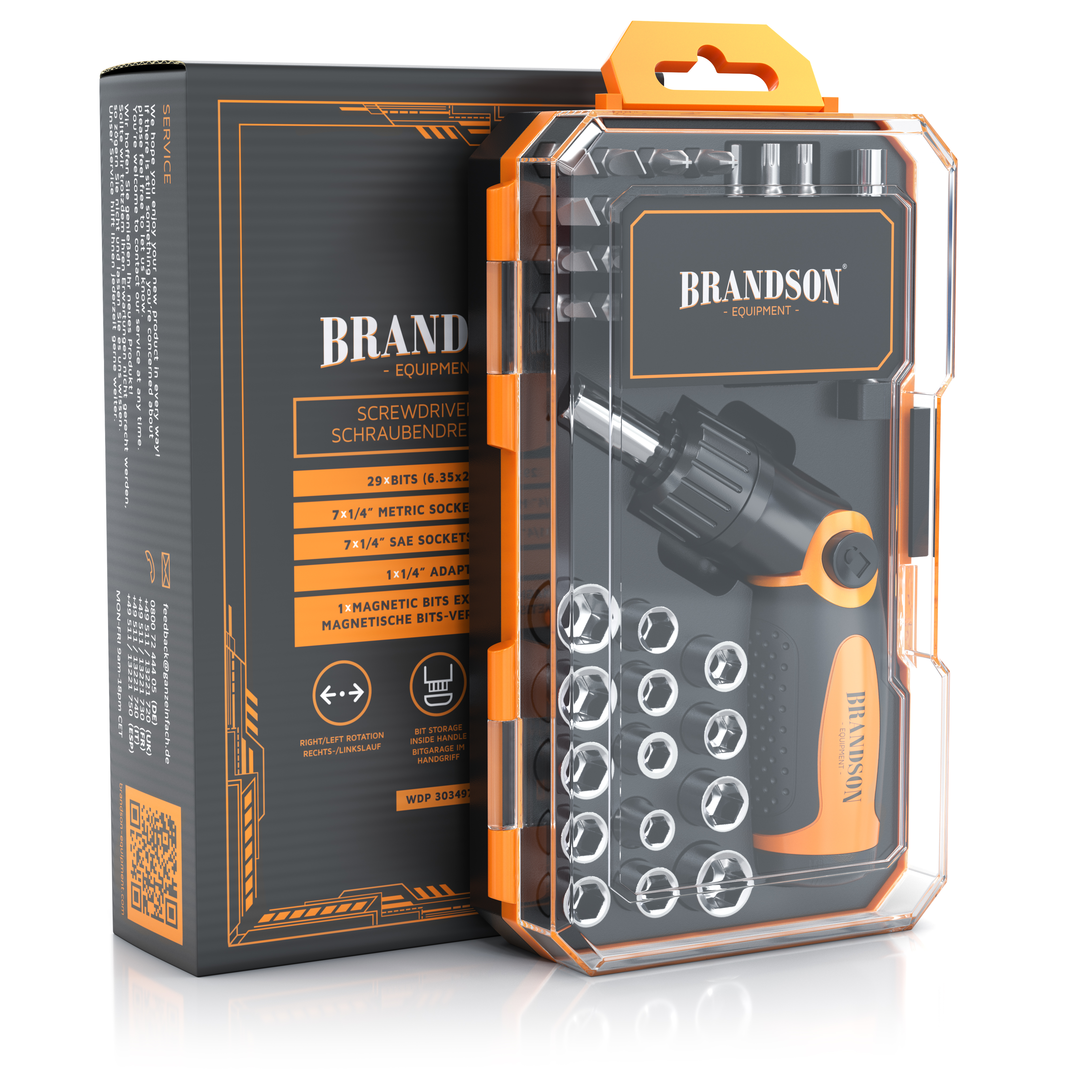 Brandson-Schraubendreher-Set mit 29 Bits, schwarzem und orangefarbenem Griff, transparentem Aufbewahrungskoffer und magnetischem Bithalter.
