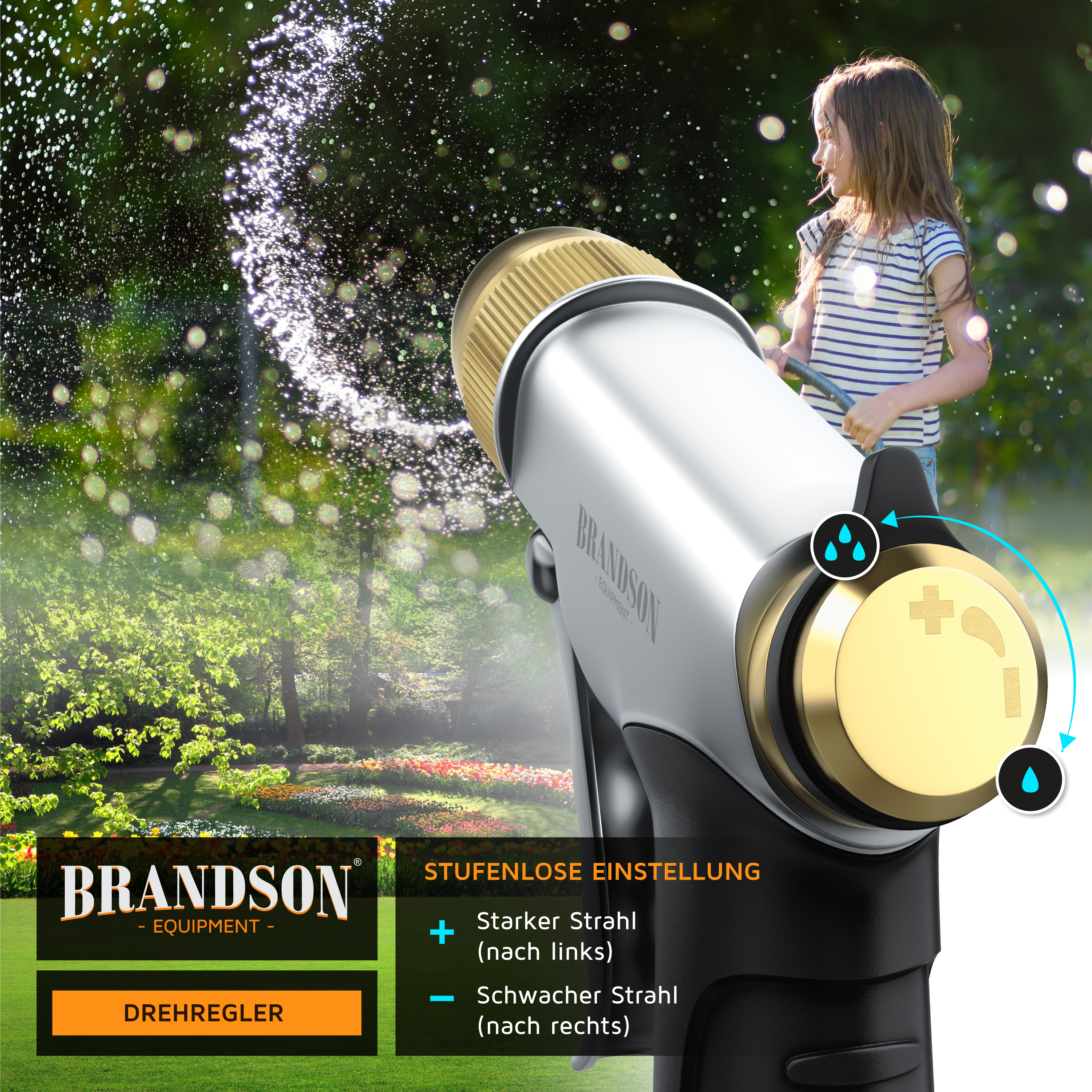 Brandson Sprühgerät mit stufenlosem Drehregler, silberner und schwarzer Farbe, für gezielte Bewässerung im Garten.