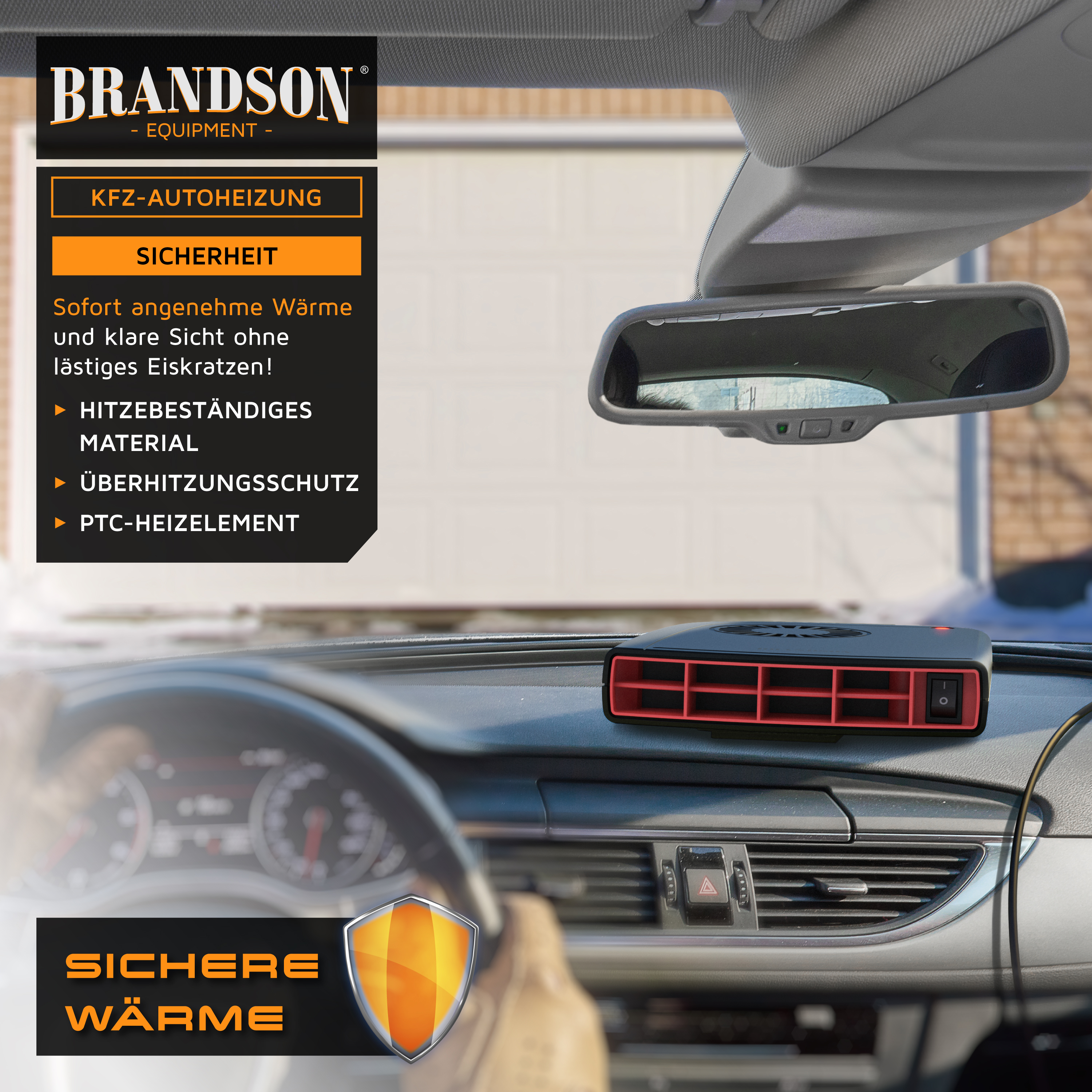 Brandson KFZ-Autoheizung mit rotem Gitter, PTC-Heizelement und Überhitzungsschutz auf dem Armaturenbrett eines Fahrzeugs.
