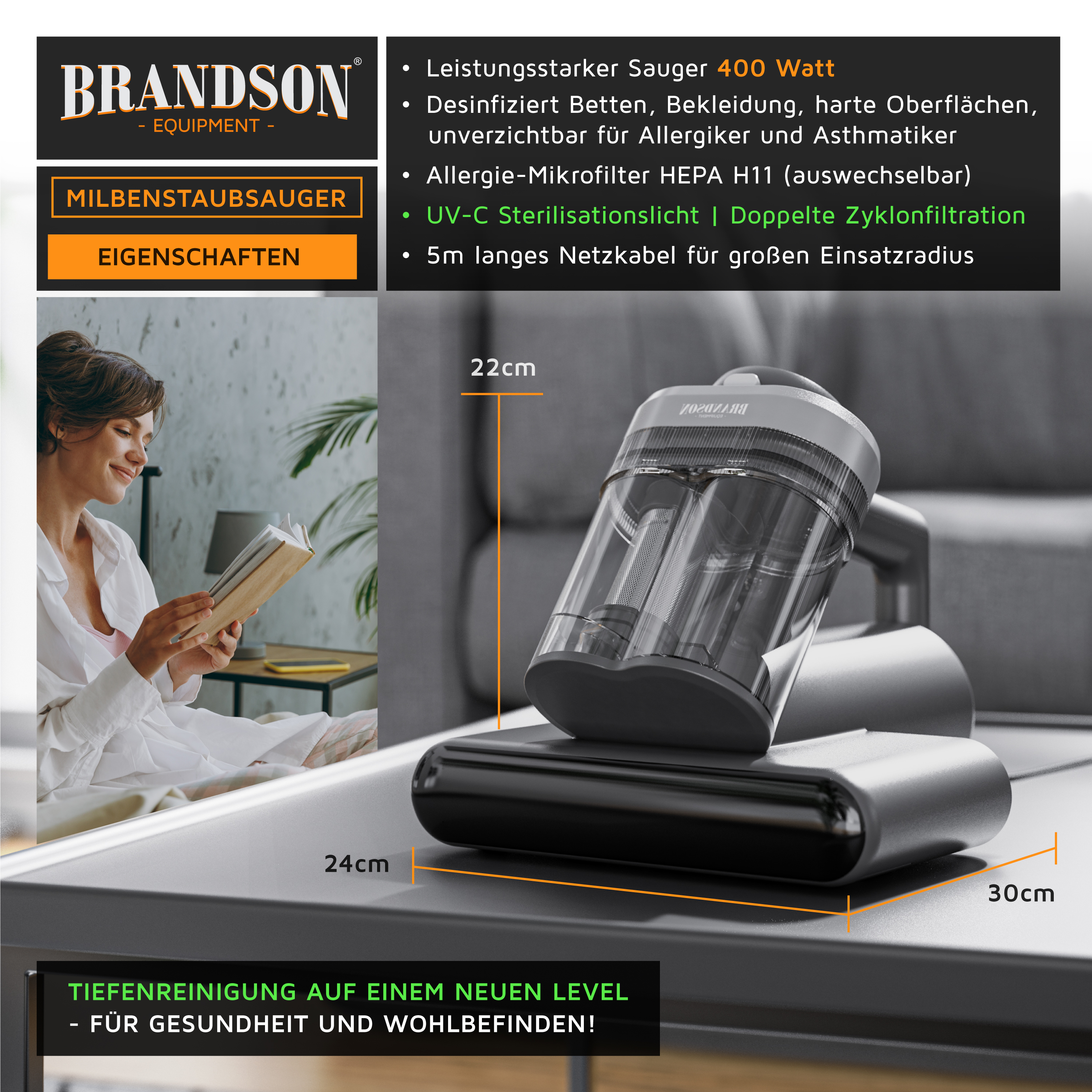 Brandson Milbenstaubsauger mit transparentem Behälter, UV-C-Sterilisationslicht und ergonomischem Design auf einem Tisch.