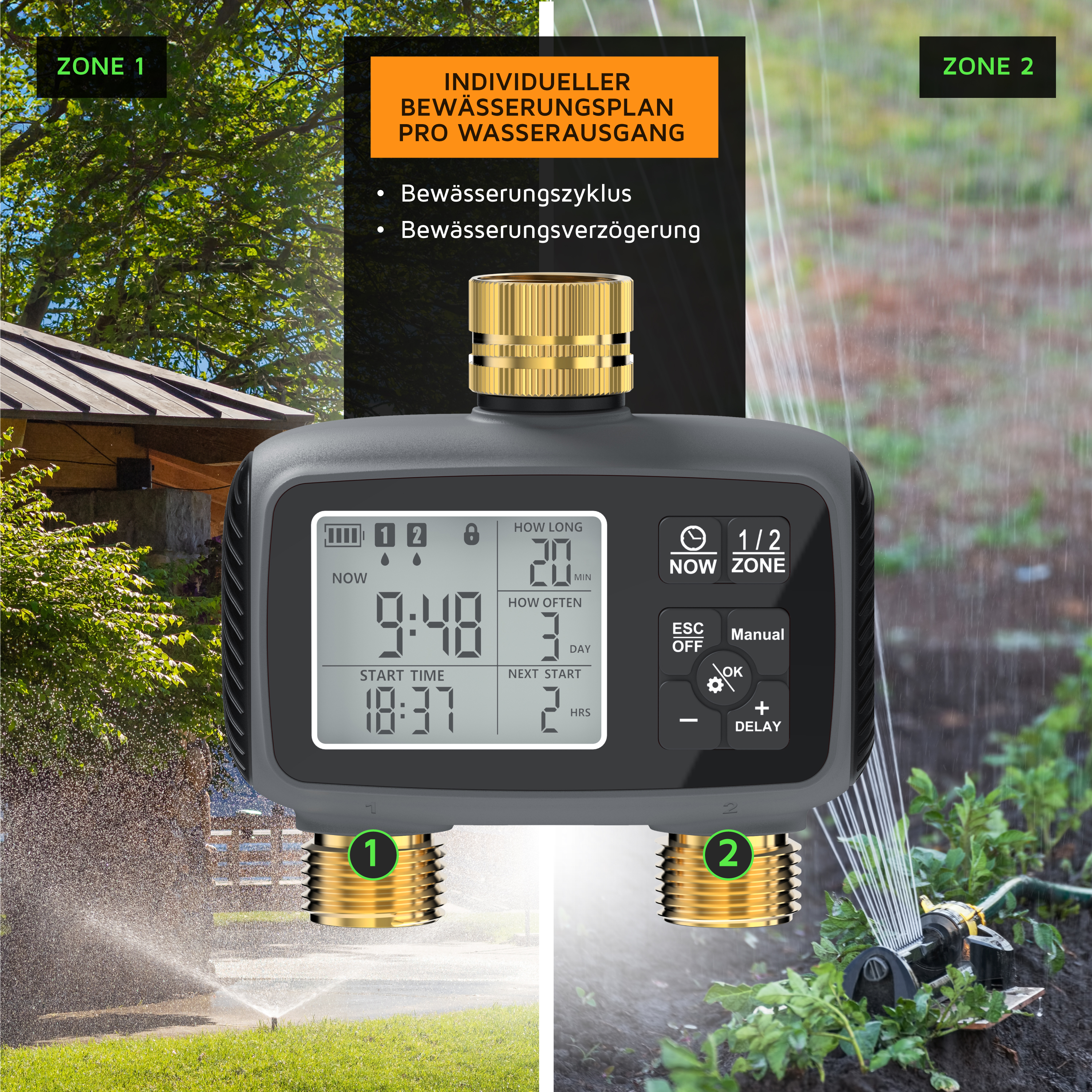 Brandson Bewässerungscomputer mit digitalem Display, zwei Wasseranschlüssen und programmierbarem Bewässerungszyklus für Gartenbewässerung.
