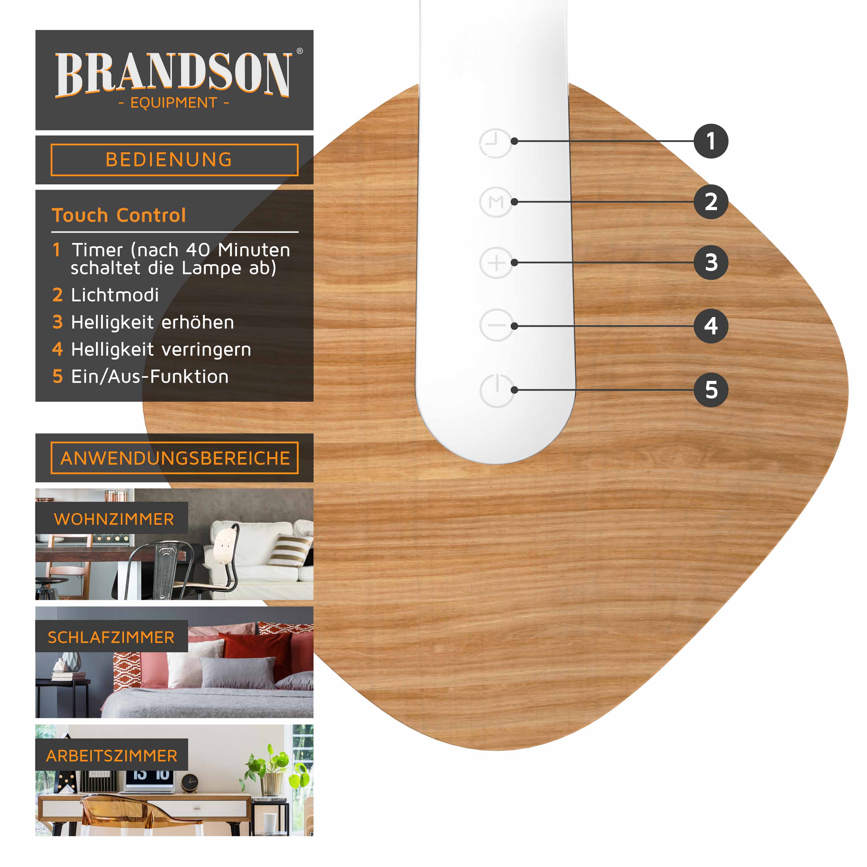 Brandson Touch-Bedienfeld mit Holzsockel, mit Tasten für Timer, Lichtmodus, Helligkeitseinstellung und Ein-/Aus-Funktion.