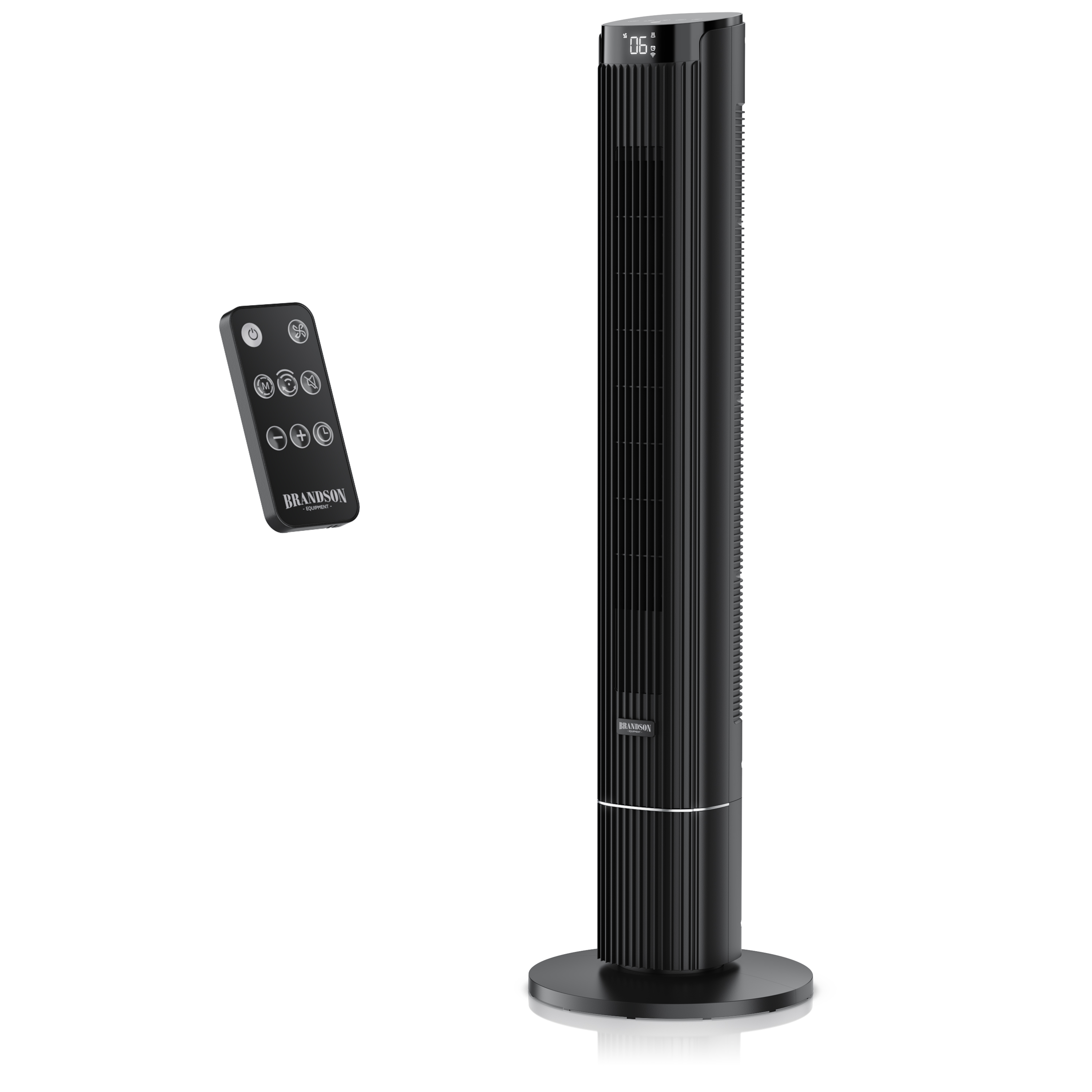 Brandson Turmventilator in Schwarz mit elegantem Design, Fernbedienung und Digitalanzeige für einfache Bedienung.