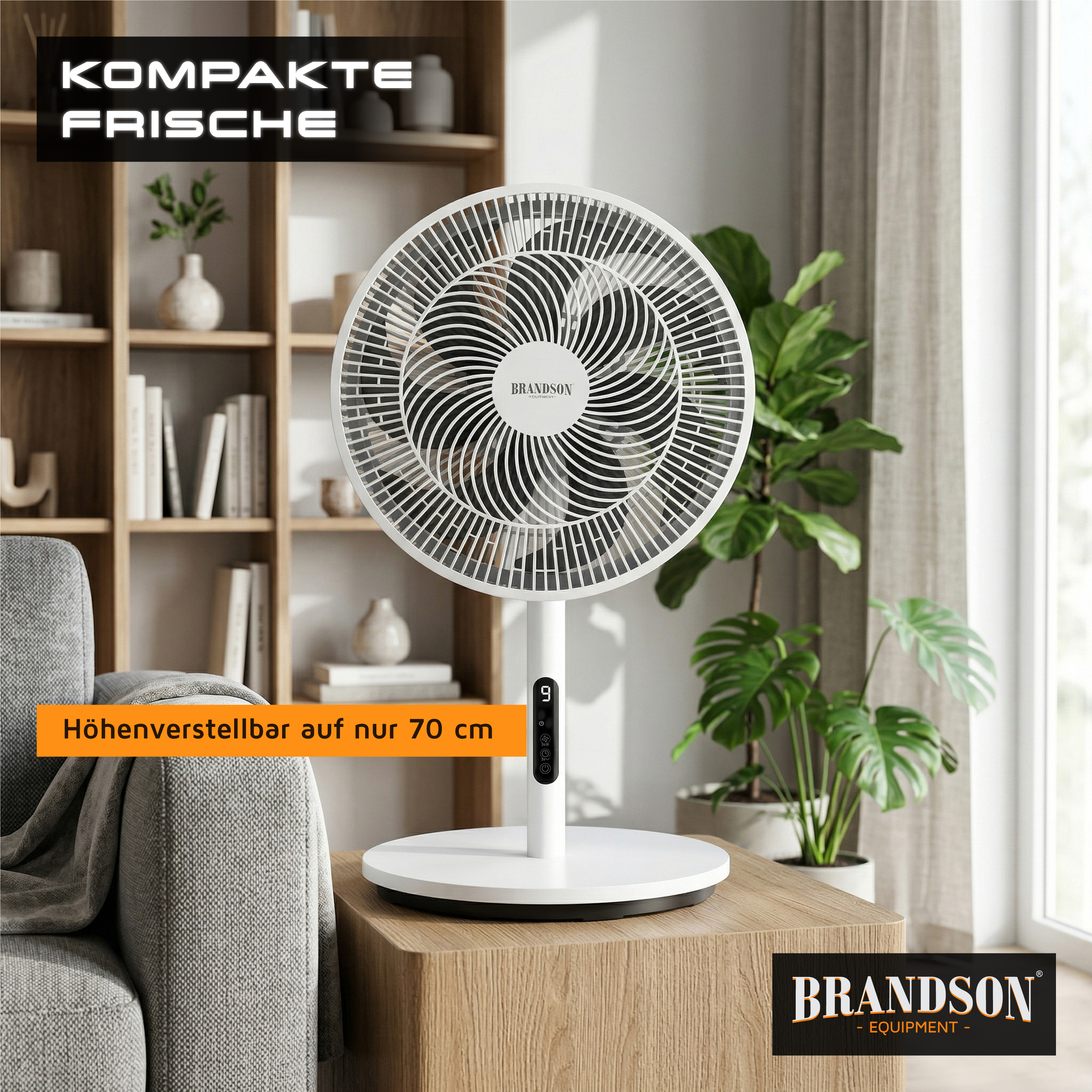 Brandson Standventilator mit kompaktem Design, weißer Farbe, höhenverstellbar bis 70 cm und sichtbarem Bedienfeld.