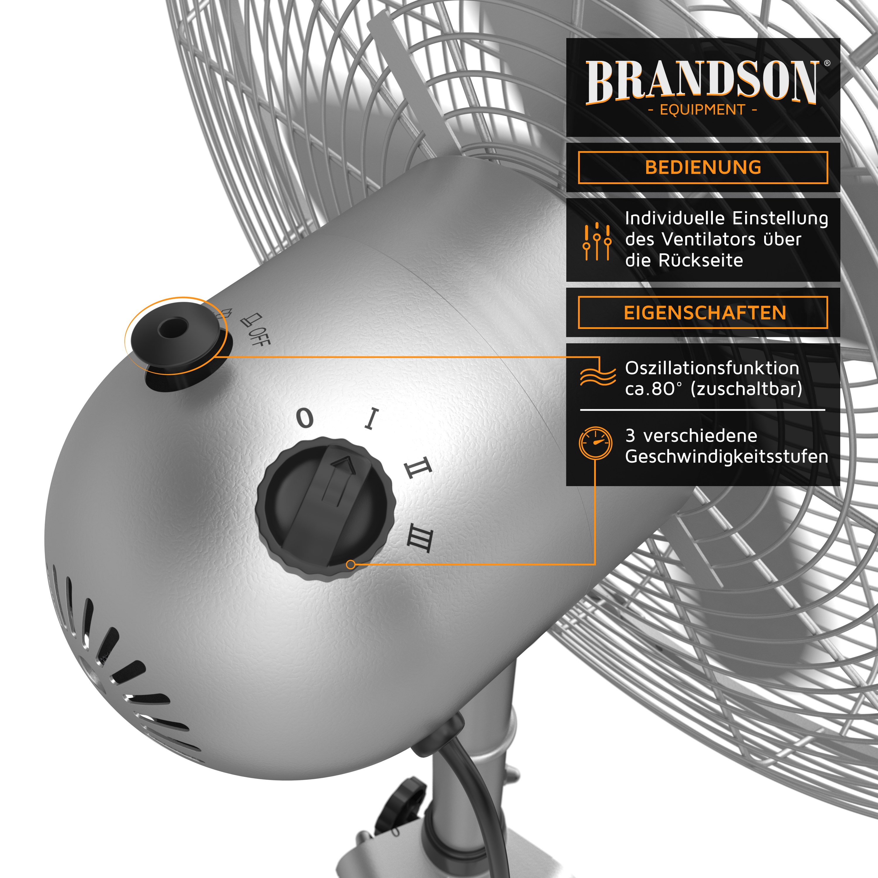 Standventilator von Brandson mit silbernem Metallic-Finish, einstellbaren Geschwindigkeitseinstellungen und Oszillationsfunktion sowie einem Drehregler auf der Rückseite.
