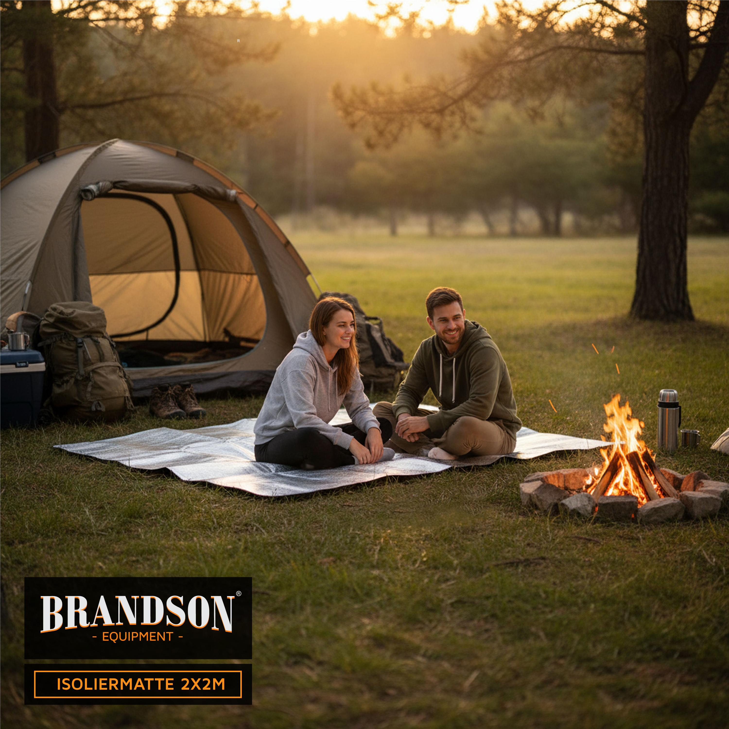 Brandson Isoliermatte in silberner Farbe, aus isolierendem Material, auf dem Boden vor einem Lagerfeuer, umgeben von Campingausrüstung.