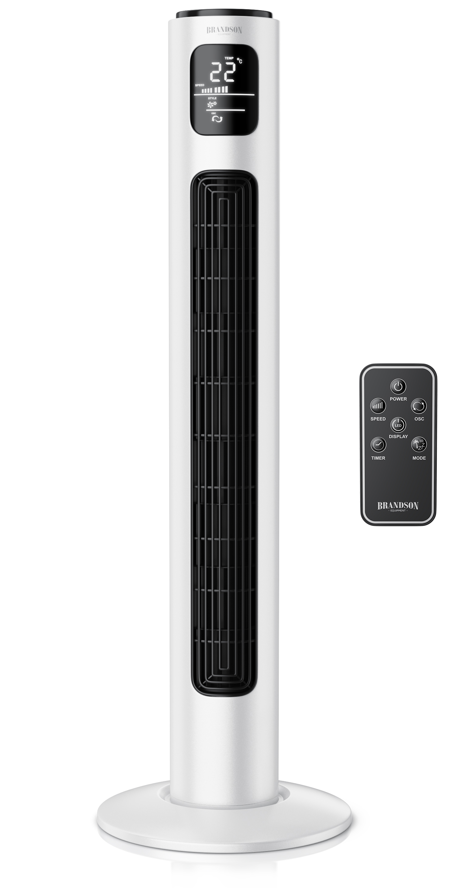 Brandson Turmventilator in Silber mit digitalem Display und Fernbedienung, schlankes Design und stabiler Standfuß.