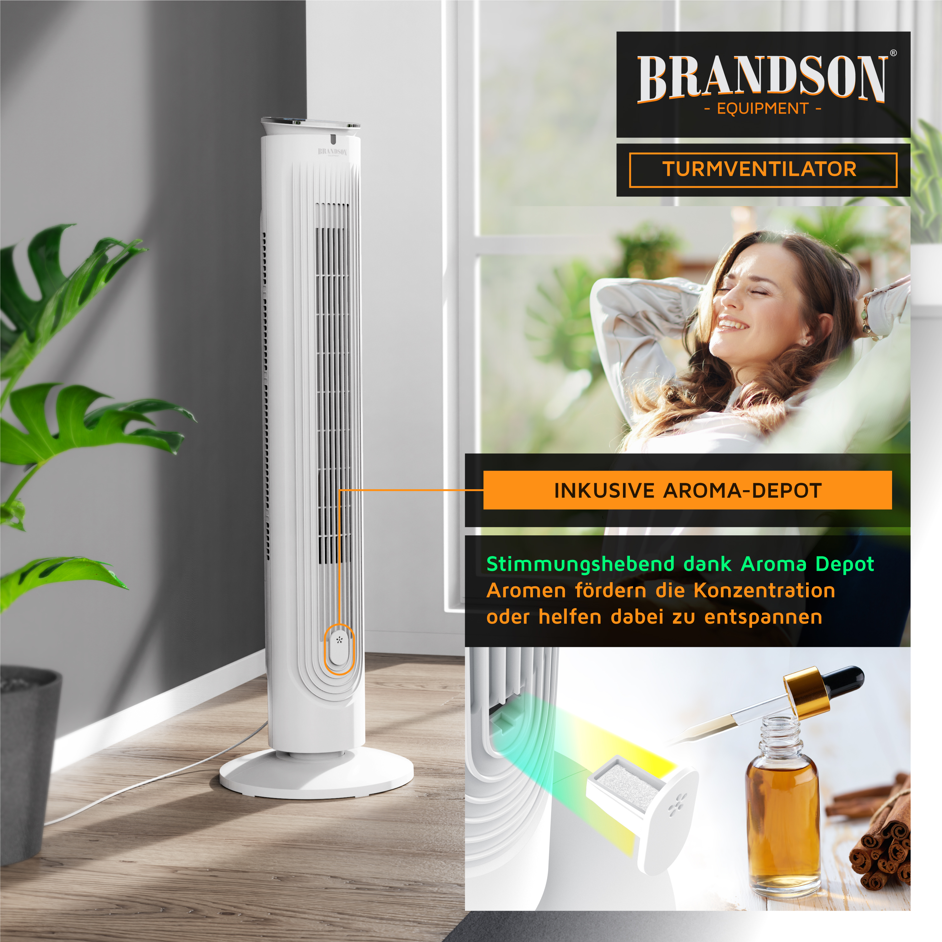Brandson Turmventilator in Weiß mit Aroma-Depot, schlankem Design, Bedienfeld und stabiler Standfläche, ideal für Wohnräume.
