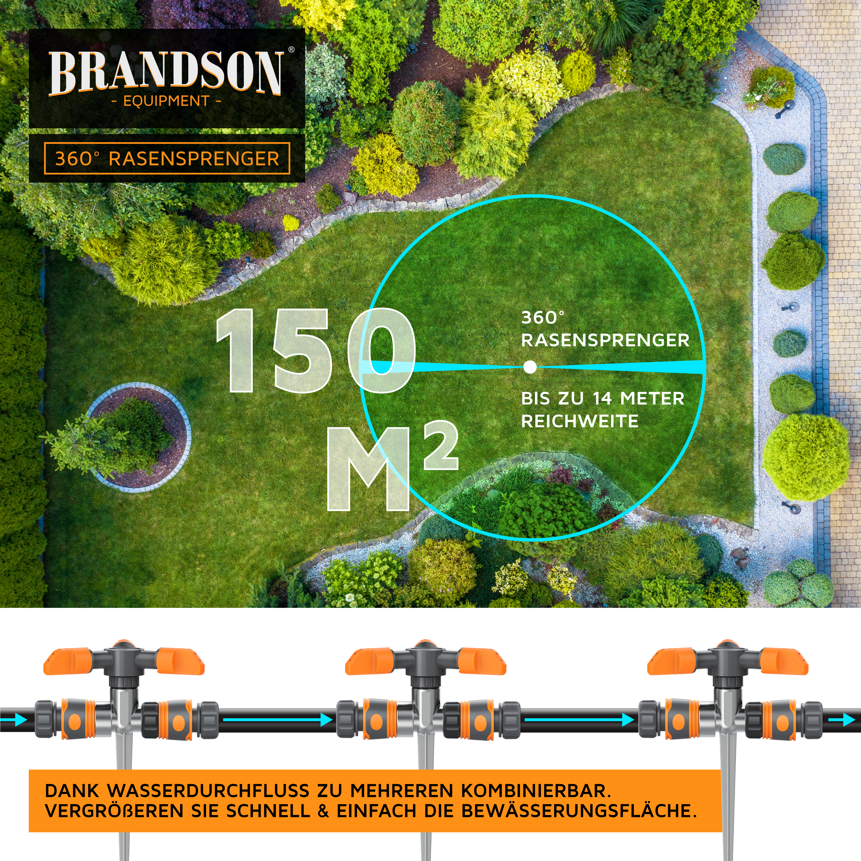 Brandson 360° Rasensprenger mit bis zu 14 Meter Reichweite, orangefarbene Elemente, einfach kombinierbar für größere Bewässerungsflächen.