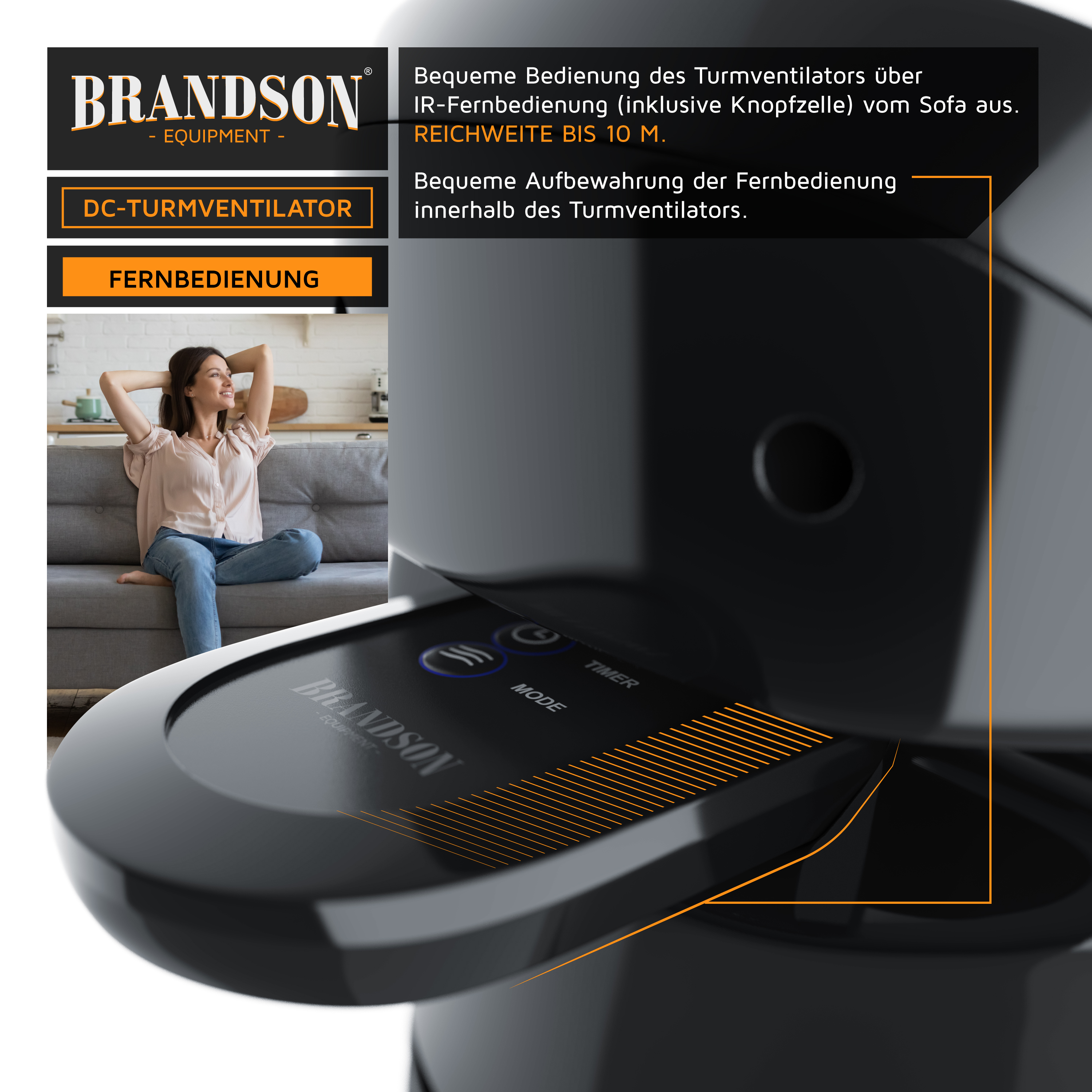Brandson DC-Turmventilator mit IR-Fernbedienung, schwarzem Gehäuse und Bedienfeld, abgebildet in Nutzungssituation mit Sofa im Hintergrund.