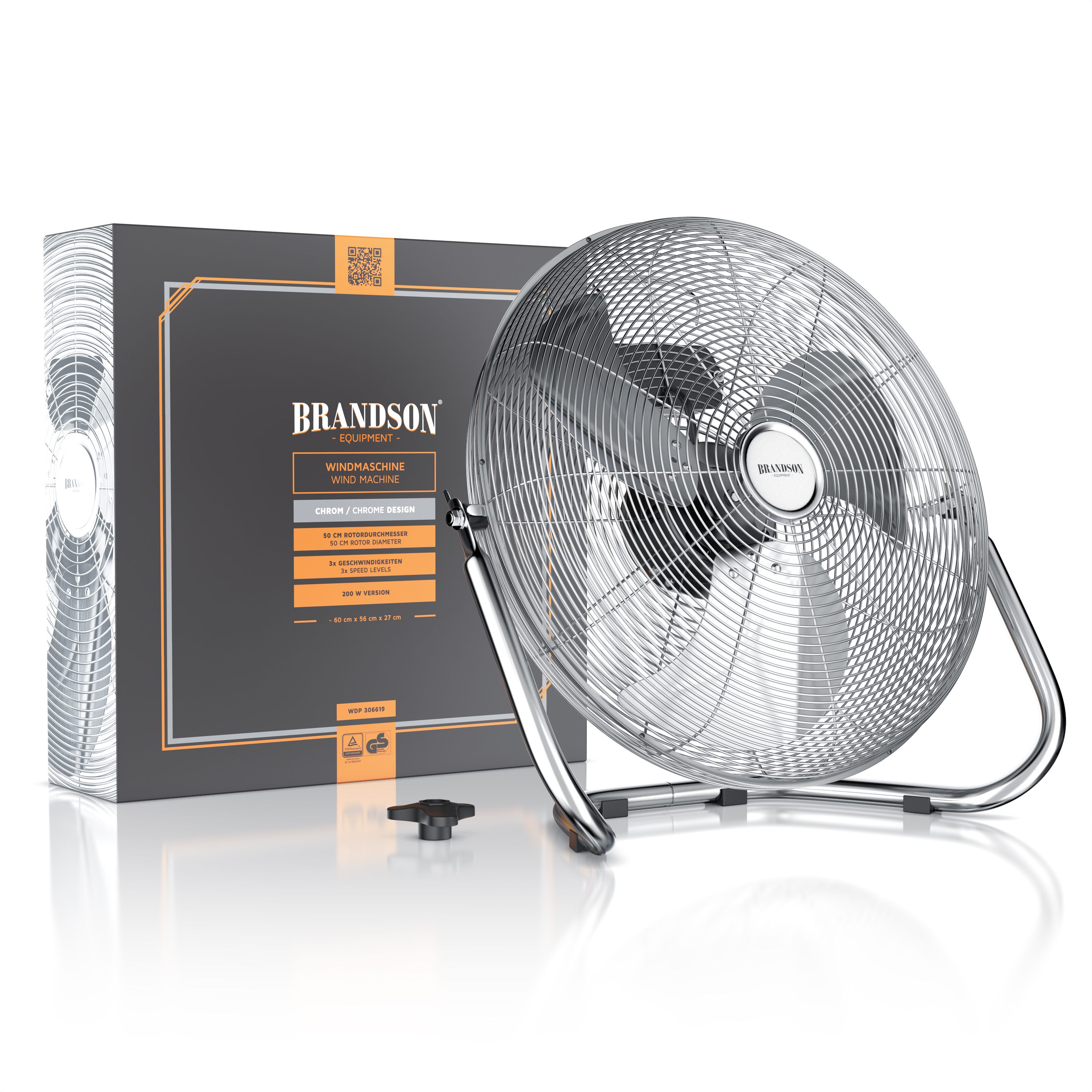 Brandson Windmaschine in chromfarbenem Design mit stabilen Standfüßen und verchromtem Metallgitter, inklusive Verpackung.