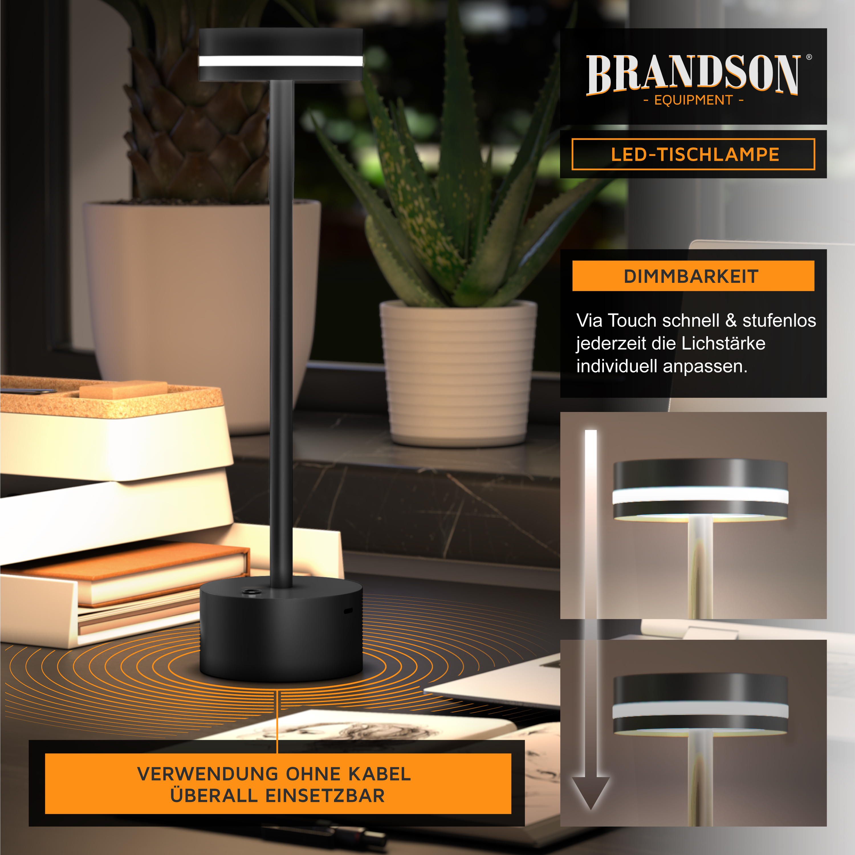 Brandson LED-Tischlampe mit elegantem schwarzem Design, Touch-Dimmfunktion und tragbarem Sockel für vielseitigen Einsatz.