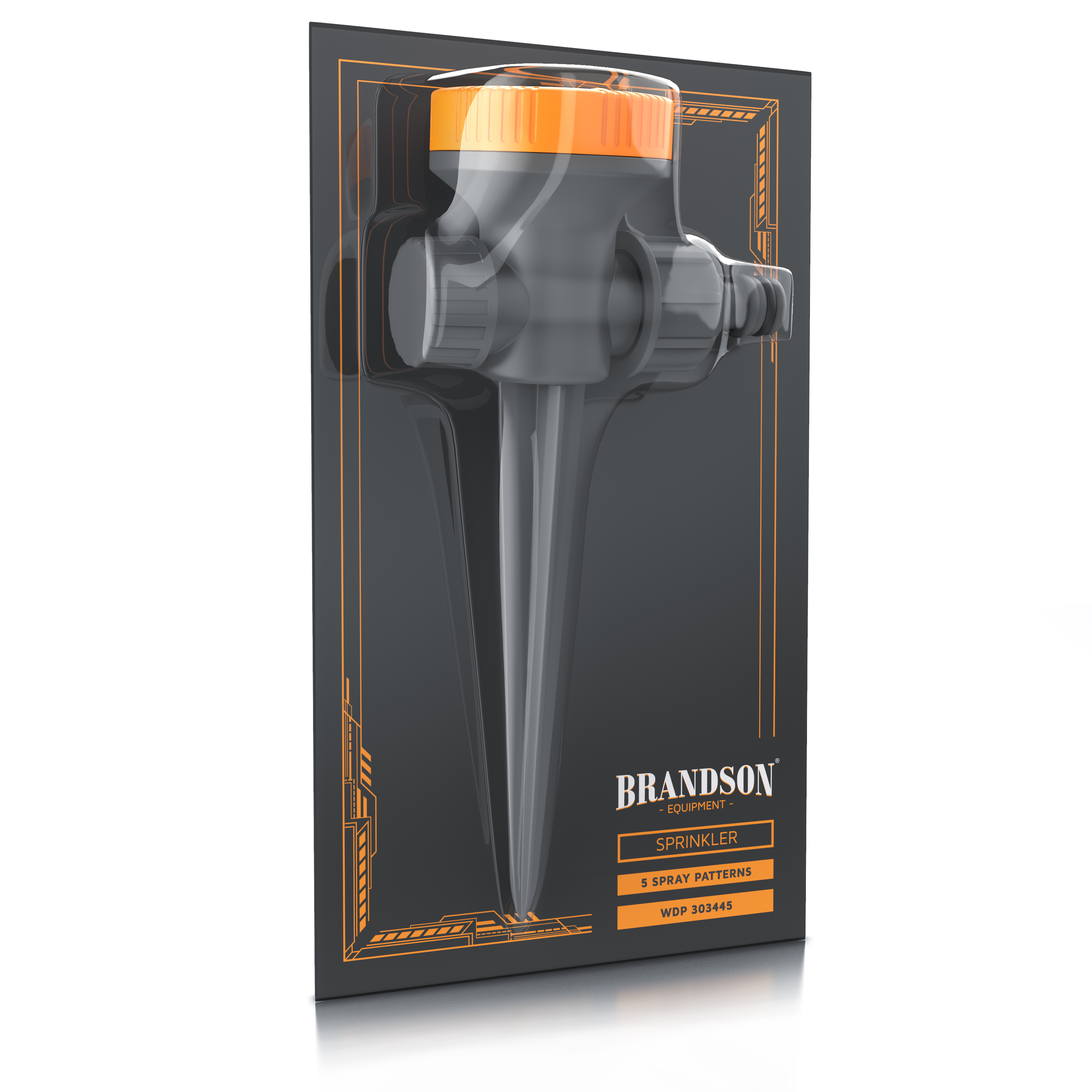 Brandson-Sprinkler mit fünf Sprühmustern, schwarz-orangefarbenem Design, verpackt für den Einzelhandel.