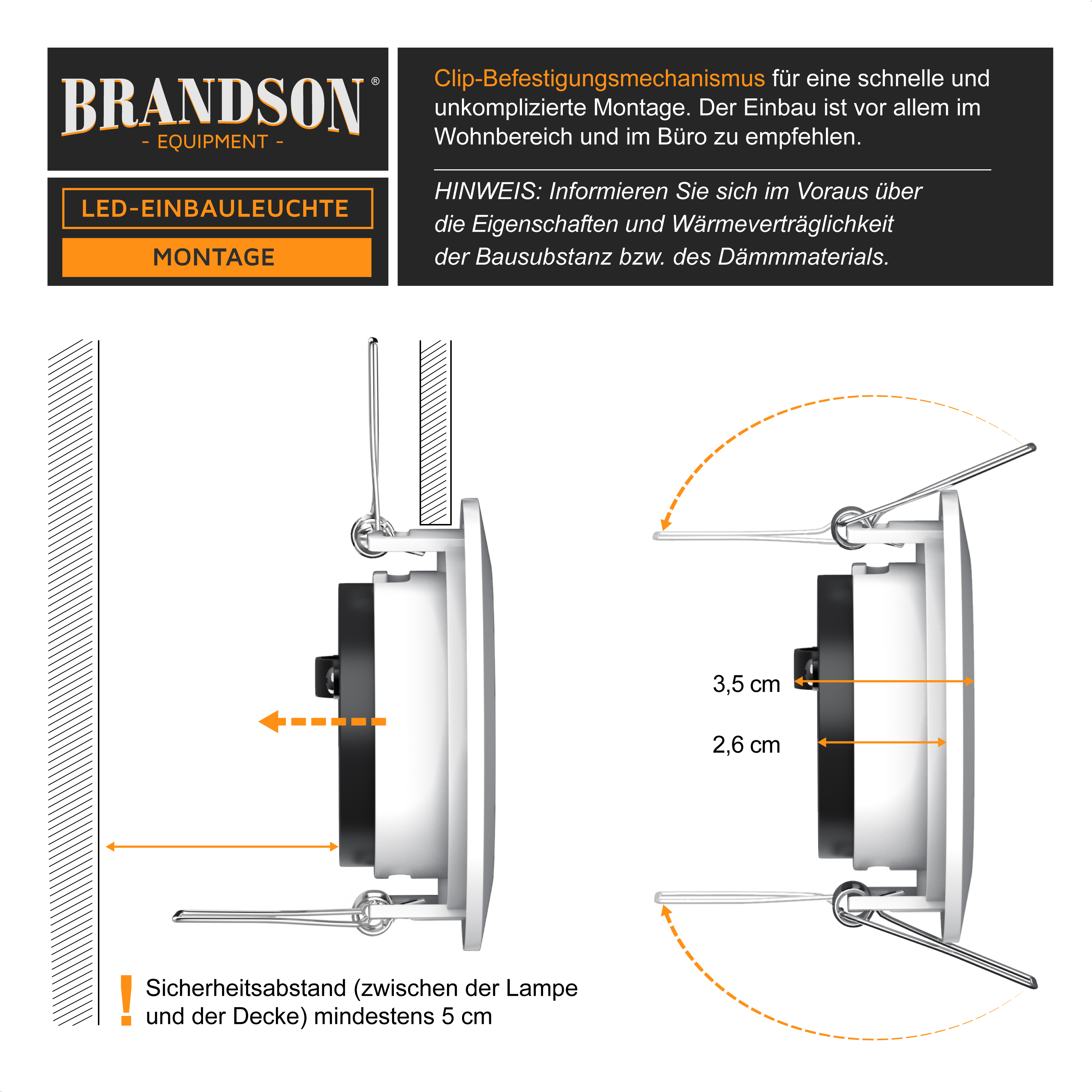 Brandson LED Einbauleuchte mit Clip-Befestigungsmechanismus für einfache Montage, geeignet für Wohn- und Büroräume.