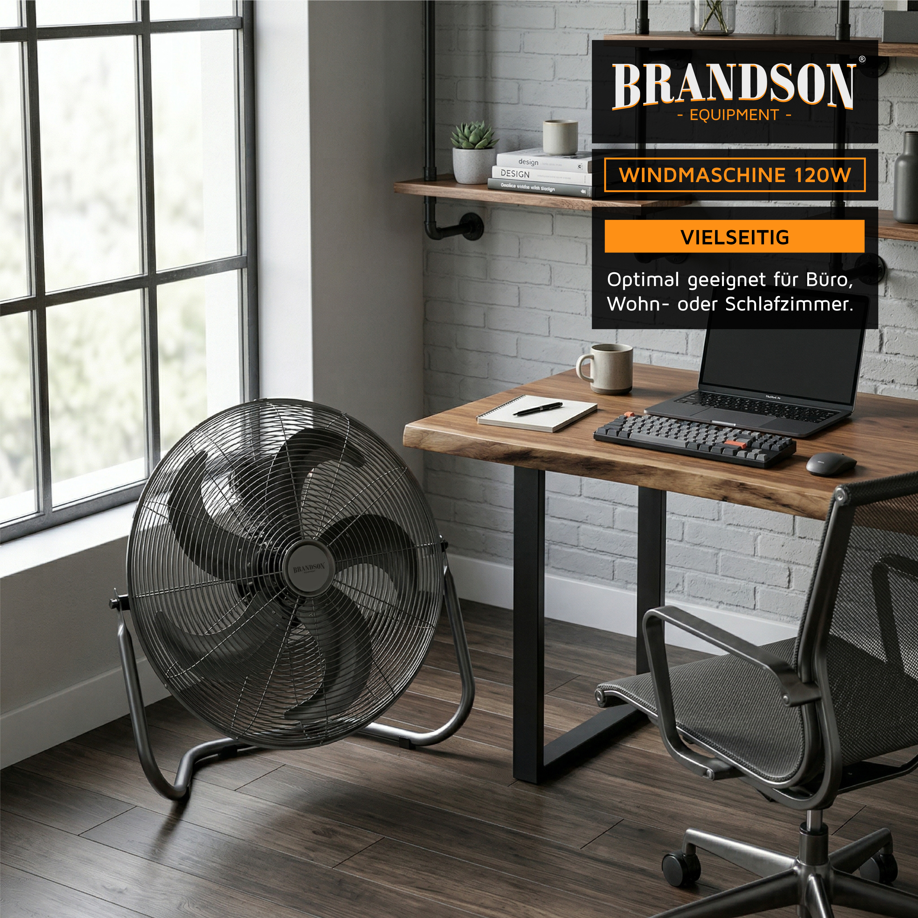 Brandson Windmaschine mit robustem Metallgehäuse, großen Lüfterblättern und stabiler Standbasis, ideal für Büros oder Wohnräume.