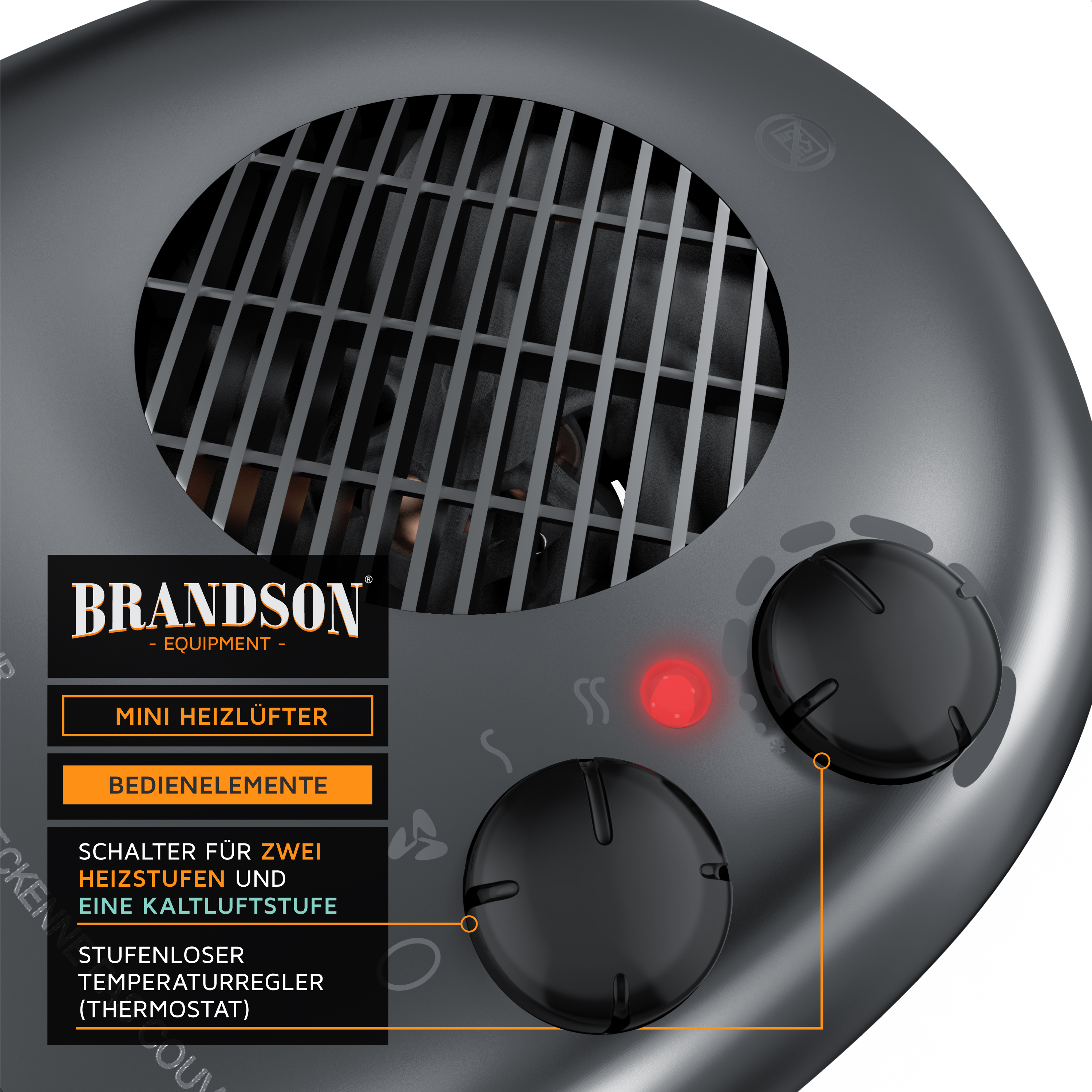Brandson Mini Heizlüfter mit zwei Heizstufen, einer Kaltluftstufe und stufenlosem Temperaturregler, in schwarzer Farbe mit Bedienknöpfen.