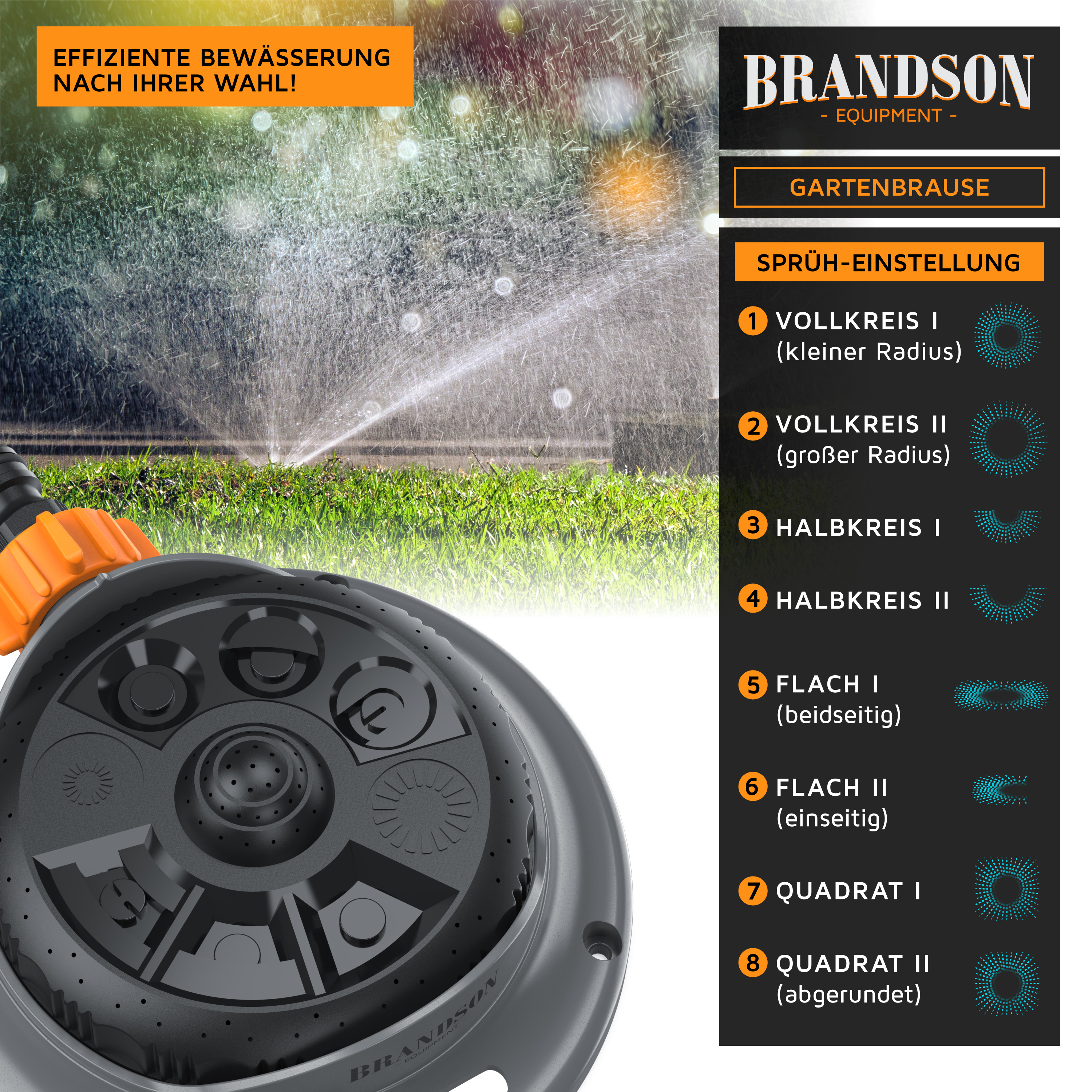 Brandson Gartenbrause mit verschiedenen Sprüh-Einstellungen, schwarzem Gehäuse und orangefarbenem Griff, ideal für die Gartenbewässerung.