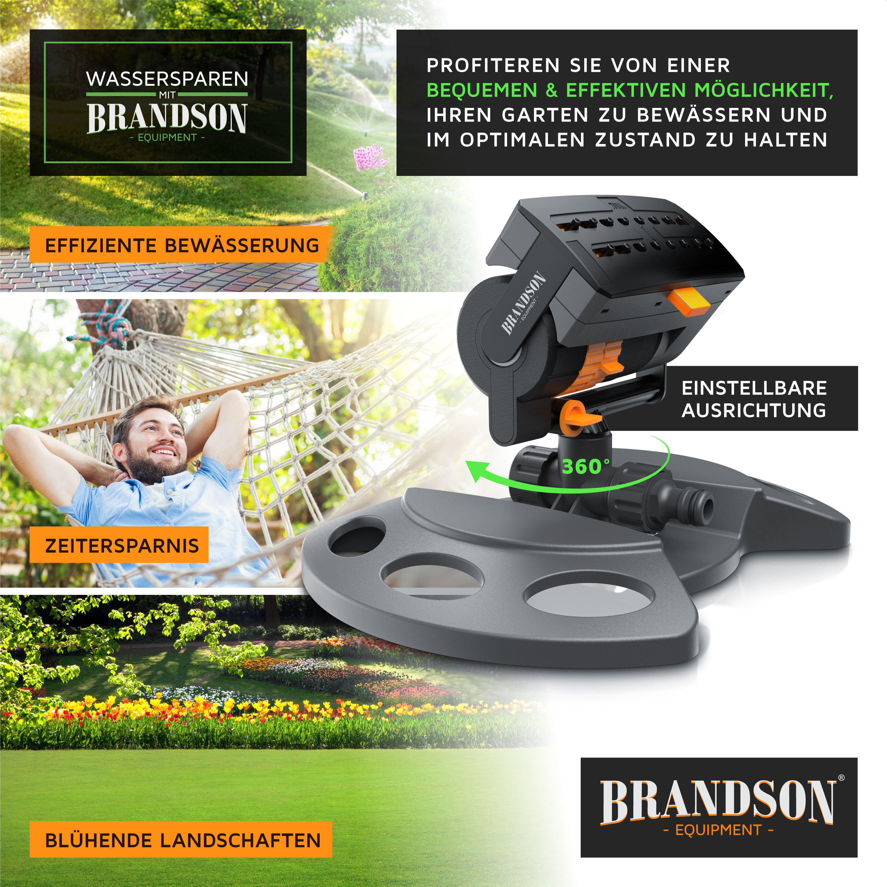 Brandson Sprinkler mit 360° einstellbarer Ausrichtung, grauem Gehäuse und stabiler Basis, ideal für die effiziente Bewässerung von Gärten.