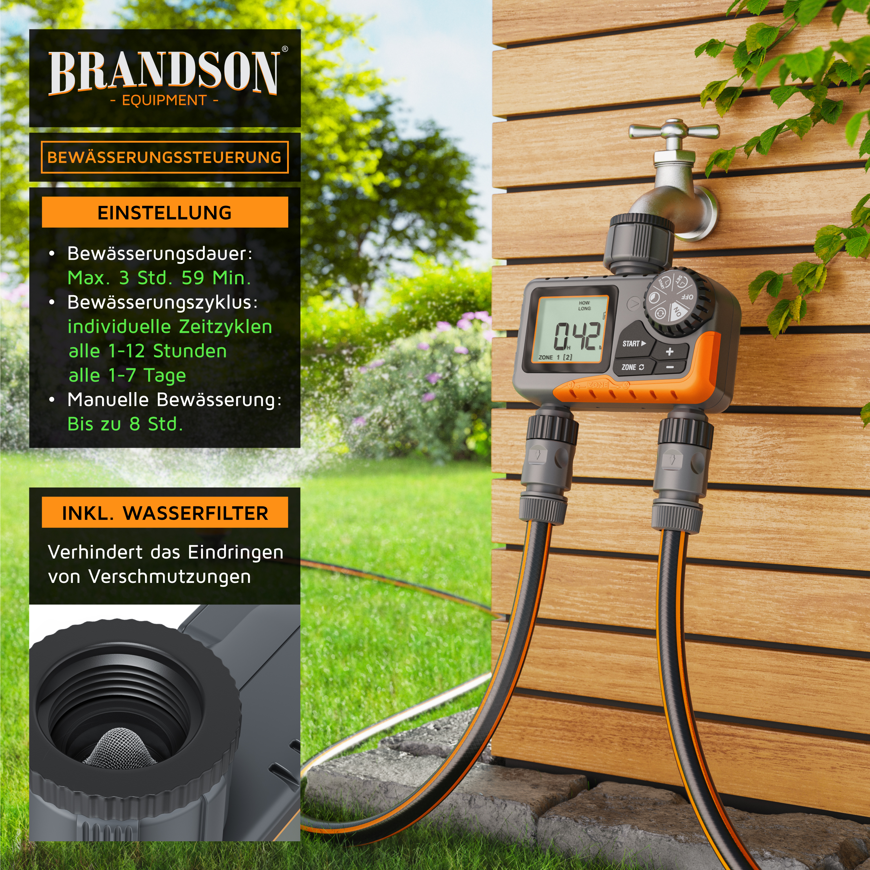Brandson Bewässerungssteuerung mit digitalem Display, zwei montierten Anschlüssen und manuellem Bewässerungsmodus, an einem Wasserhahn.