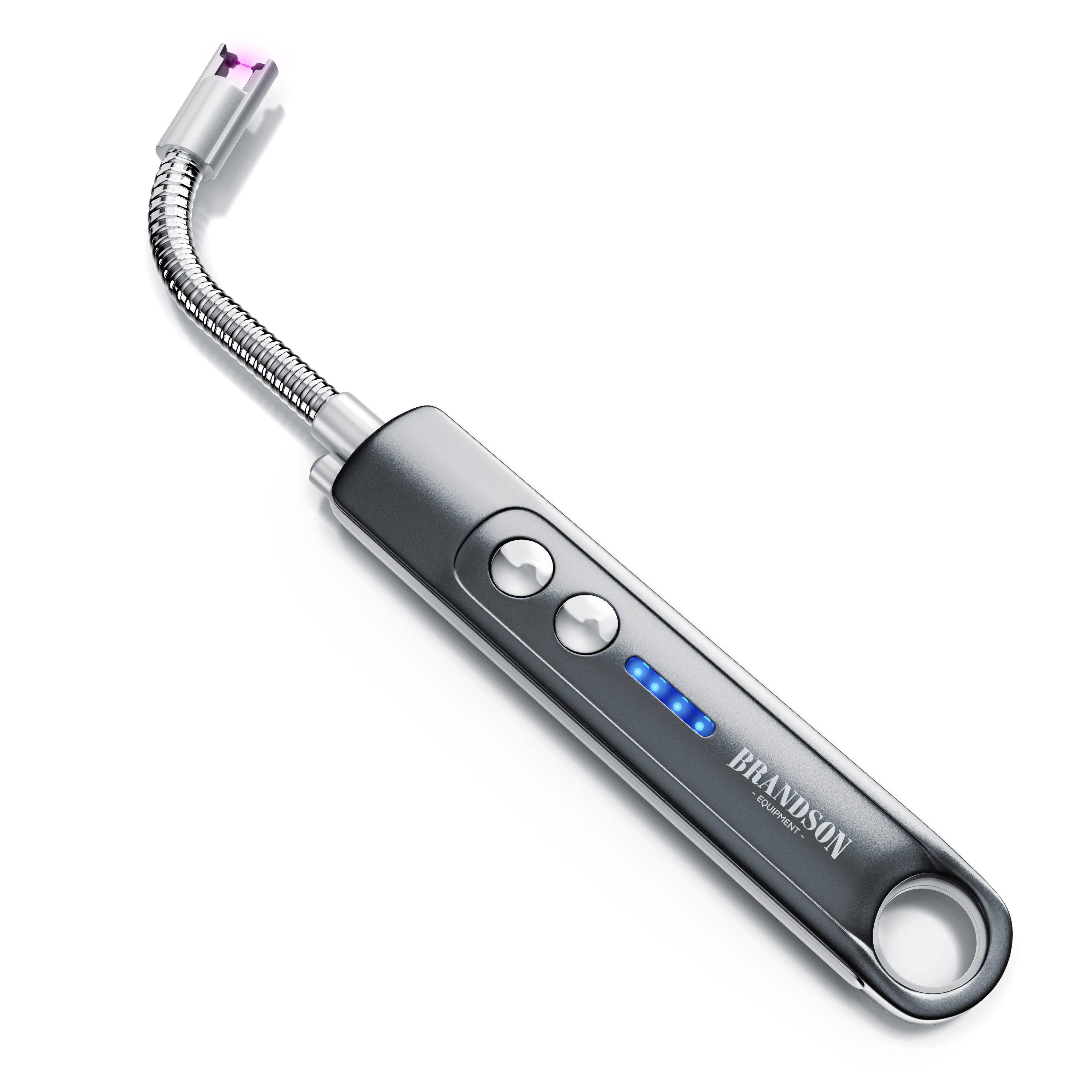 Brandson elektrischer Grillanzünder mit flexiblem Schlauch, zwei Tasten, blauen LED-Anzeigen und ergonomischem Griff.
